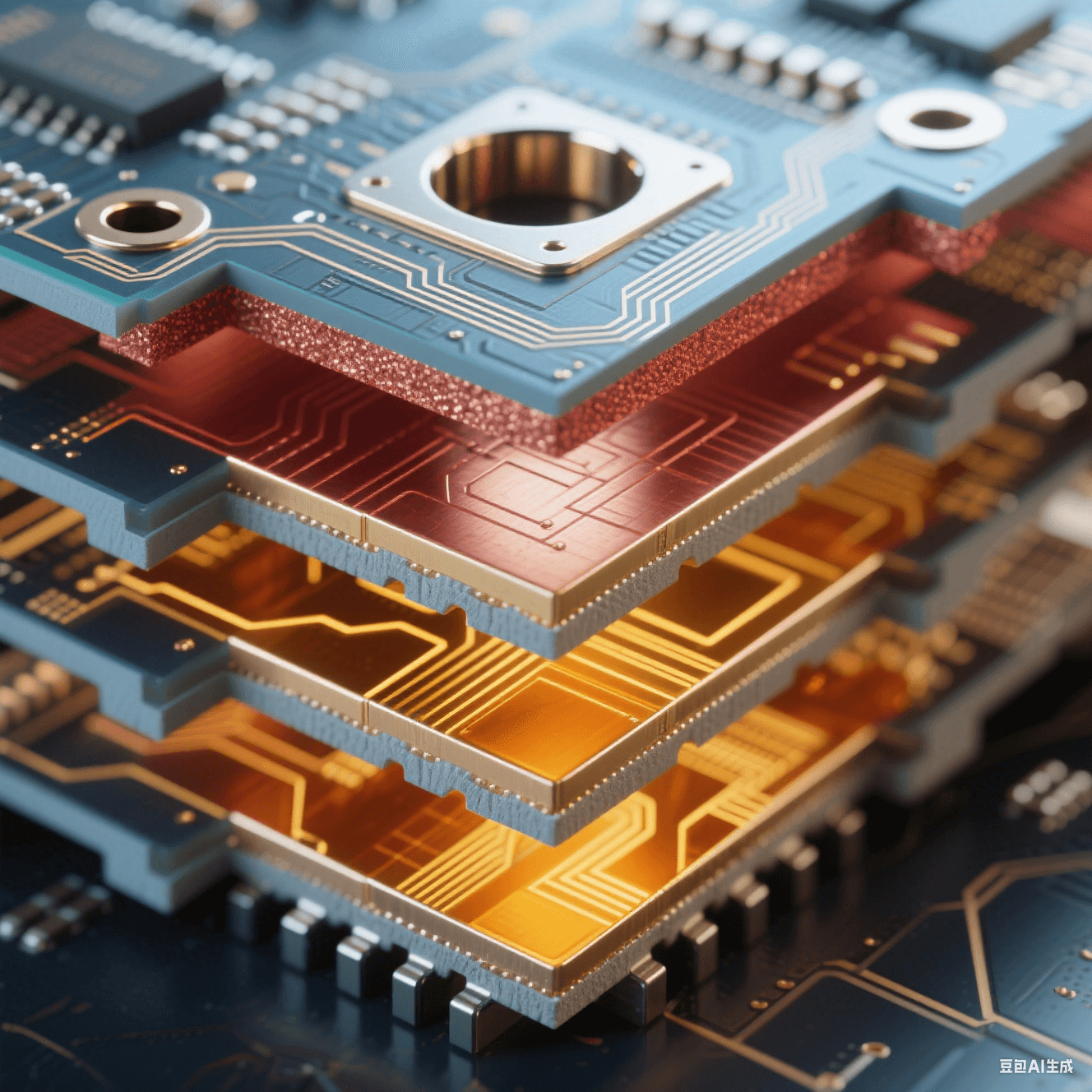 六层电路板横截面显微图(放大 100 倍)- 蓝灰 / 金 / 铜色交替层压 - 厚铜红色电源层 - 金色正交信号走线 - 半透明琥珀色树脂层间填充 - 边缘应力释放槽机械切割面 - 冷白光投射孔壁高光 六层电路板横截面显微图(放大 100 倍)- 蓝灰 / 金 / 铜色交替层压 - 厚铜红色电源层 - 金色正交信号走线 - 半透明琥珀色树脂层间填充 - 边缘应力释放槽机械切割面 - 冷白光投射孔壁高光