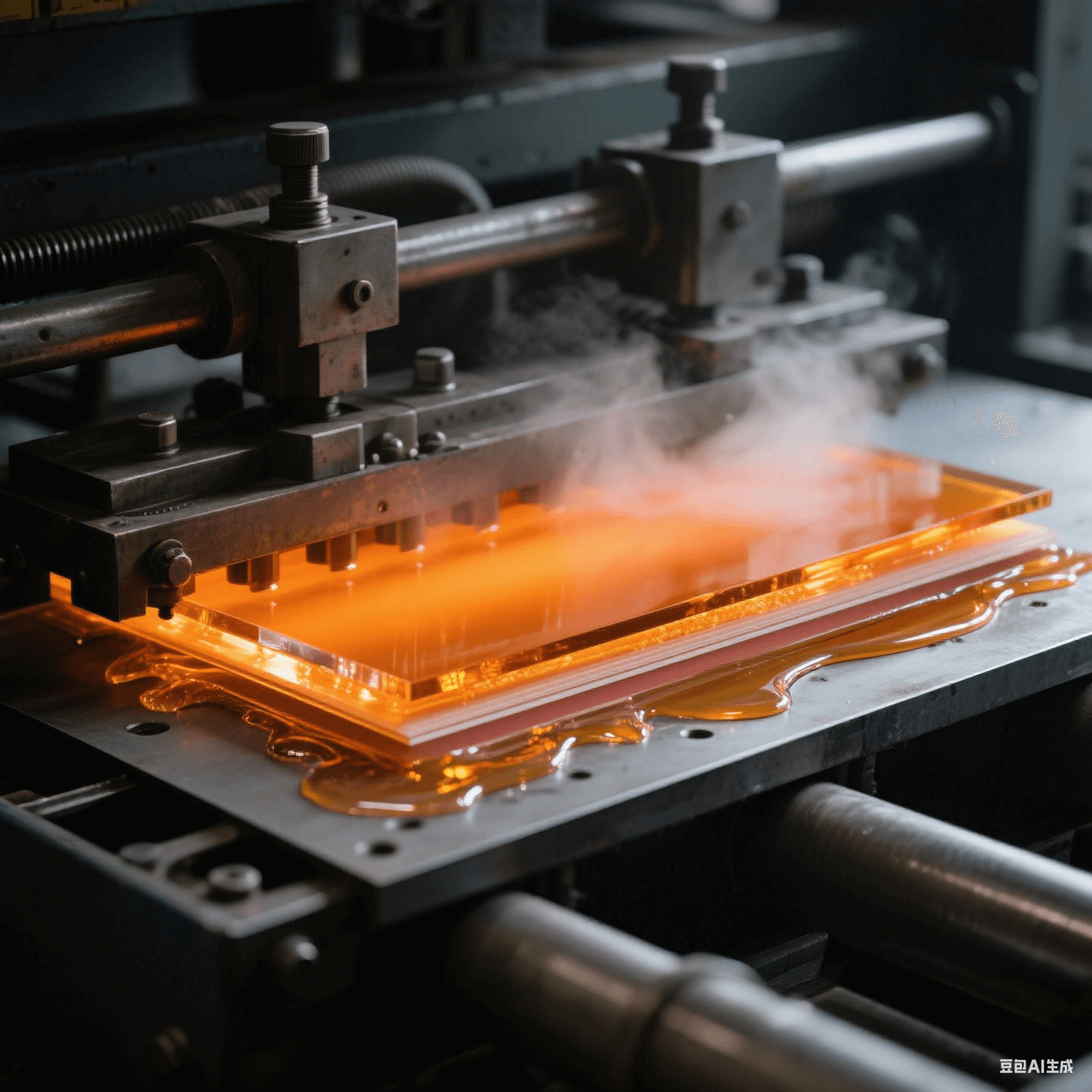 工业级层压机工艺特写 - 钢板夹层中琥珀色树脂高温流动 - 350psi 压力形成薄介质层 - 分层材料边缘晶莹胶体 - 热压板反射炽热橙光 - 深灰机械结构与蒸汽朦胧效果 工业级层压机工艺特写 - 钢板夹层中琥珀色树脂高温流动 - 350psi 压力形成薄介质层 - 分层材料边缘晶莹胶体 - 热压板反射炽热橙光 - 深灰机械结构与蒸汽朦胧效果