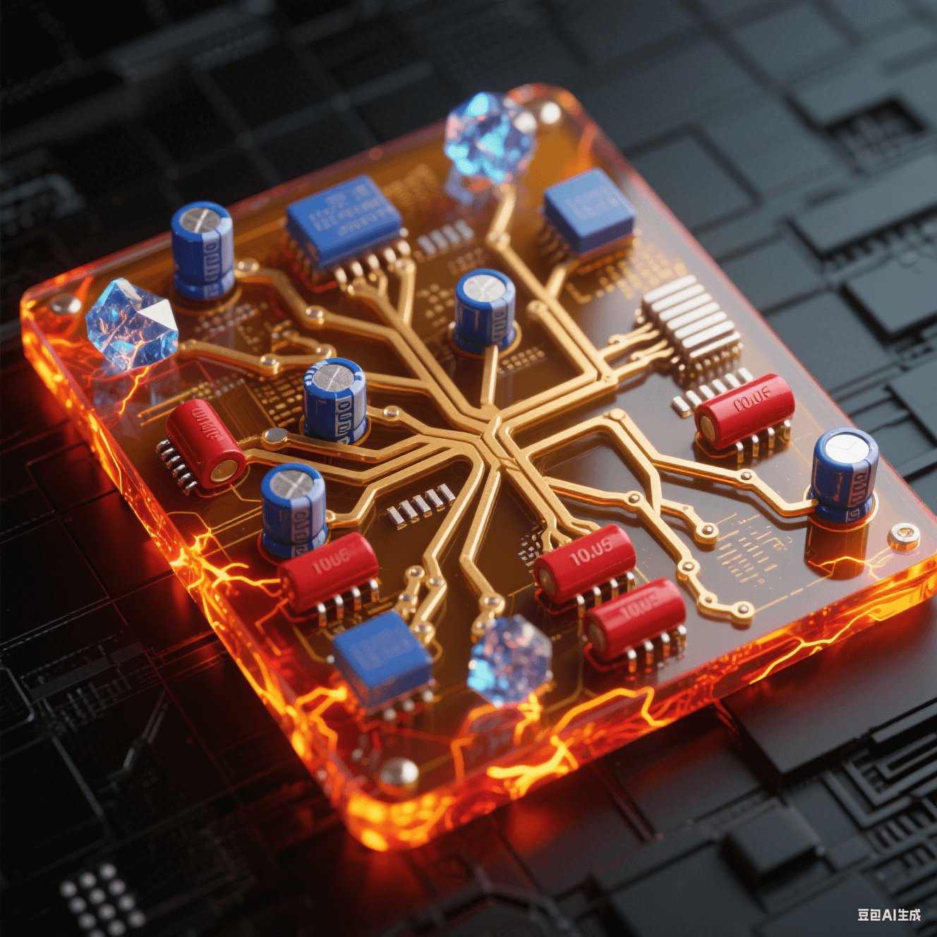 琥珀色透明基板上错综电源树突网络,厚镀金主干道泛熔融橙红光,钴蓝陶瓷电容群跳电弧光,猩红电解电容荡漾热能波纹,磨砂黑底板浮现金网格 琥珀色透明基板上错综电源树突网络,厚镀金主干道泛熔融橙红光,钴蓝陶瓷电容群跳电弧光,猩红电解电容荡漾热能波纹,磨砂黑底板浮现金网格