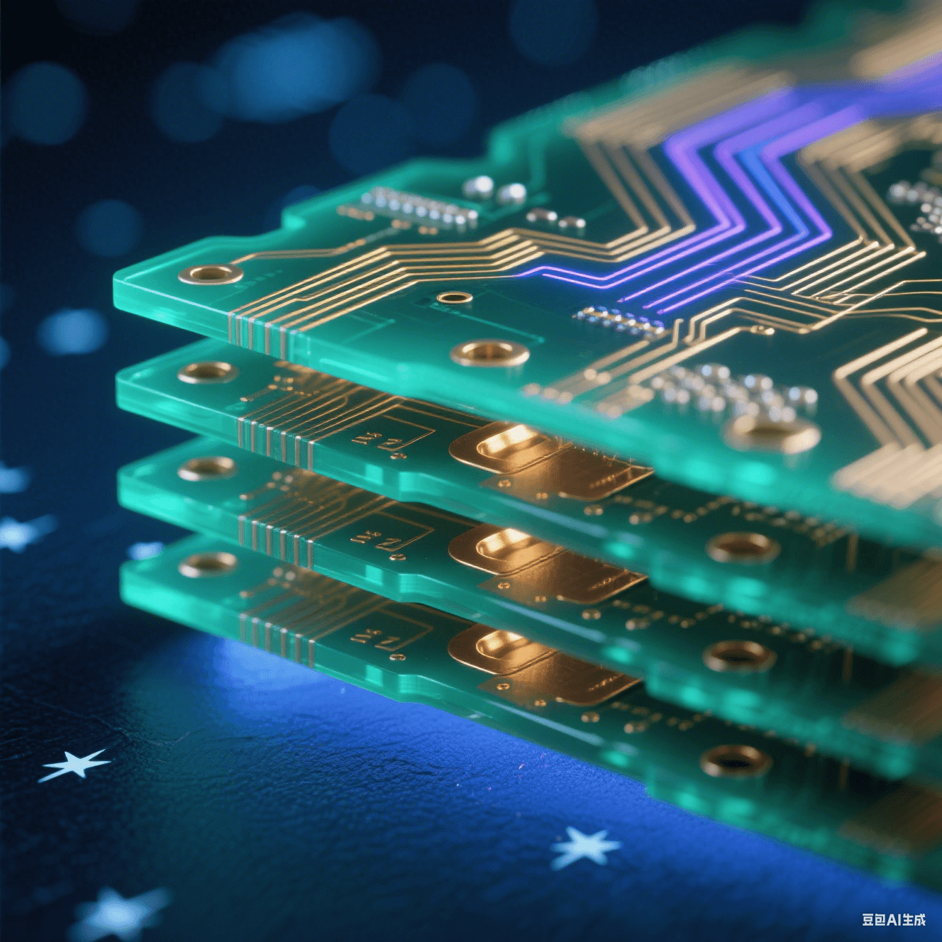 多层电路板剖面透视图:翡翠绿半透明基材中嵌入黄金铜箔走线,表面流动蓝紫色光轨,深蓝地平面泛光晕,冷白星点悬浮背景,哑光过孔阵列贯穿层间 多层电路板剖面透视图:翡翠绿半透明基材中嵌入黄金铜箔走线,表面流动蓝紫色光轨,深蓝地平面泛光晕,冷白星点悬浮背景,哑光过孔阵列贯穿层间