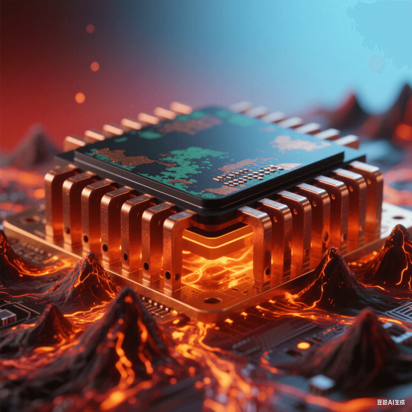 陶瓷黑芯片底部延伸赤铜散热片,密集火山状散热孔喷发橙红粒子流,熔金液态铜箔蒸腾热浪,氧化铜绿斑与金属反光在红蓝渐变背景中交织 陶瓷黑芯片底部延伸赤铜散热片,密集火山状散热孔喷发橙红粒子流,熔金液态铜箔蒸腾热浪,氧化铜绿斑与金属反光在红蓝渐变背景中交织