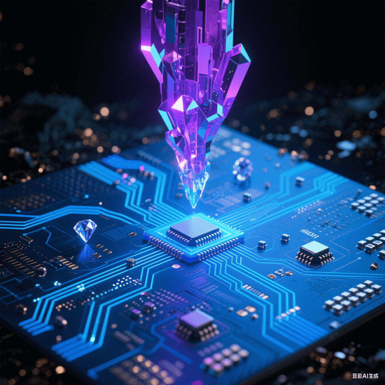 幽蓝HDI基板中百万微孔构成三维神经网,虹彩偏光细线交织,悬浮钻石微粒电容脉冲蓝光,分形紫晶毫米波导结构矗立于金属粉尘暗背景 幽蓝HDI基板中百万微孔构成三维神经网,虹彩偏光细线交织,悬浮钻石微粒电容脉冲蓝光,分形紫晶毫米波导结构矗立于金属粉尘暗背景