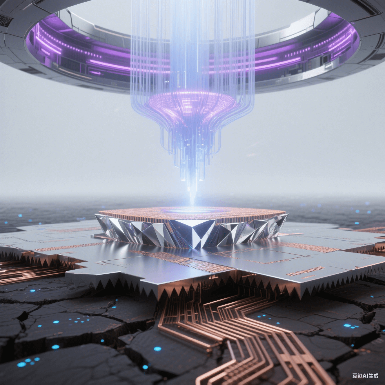 抽象科技穹顶下的技术演进,底部传统蚀刻铜线如干裂大地,中部 mSAP 铜线如精密切割水晶,顶部 EUV 光刻 3μm 铜线如悬浮纳米丝,极紫外激光激发紫色等离子辉光 抽象科技穹顶下的技术演进,底部传统蚀刻铜线如干裂大地,中部 mSAP 铜线如精密切割水晶,顶部 EUV 光刻 3μm 铜线如悬浮纳米丝,极紫外激光激发紫色等离子辉光