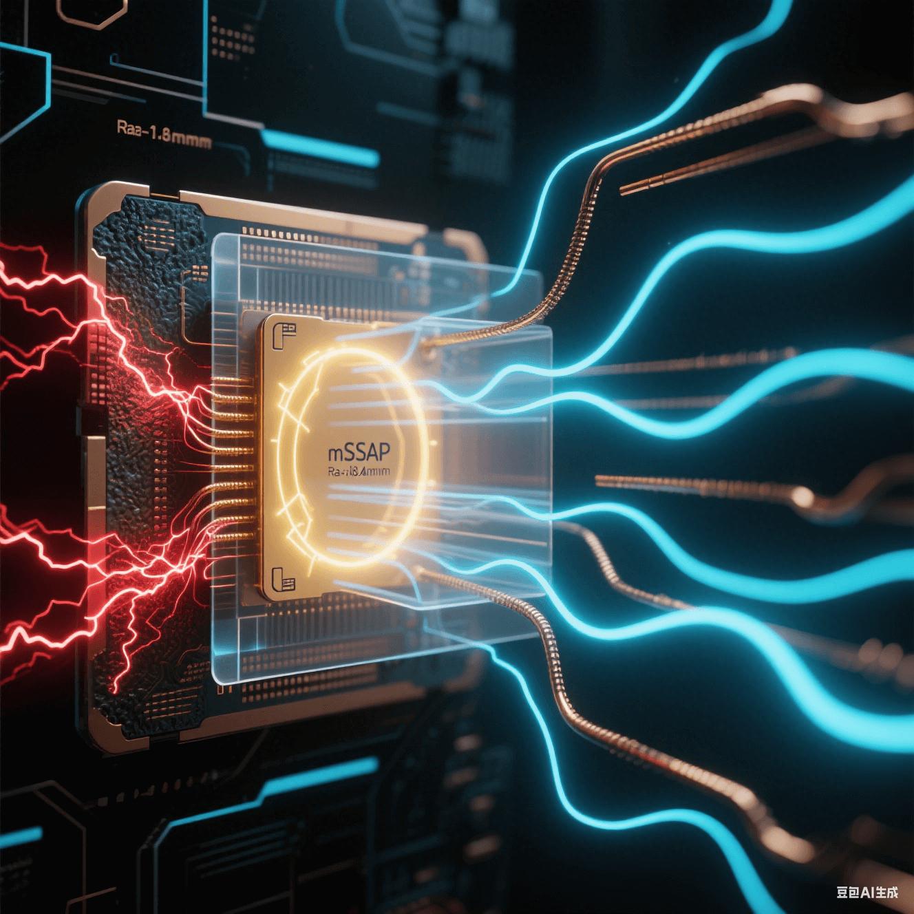 暗黑空间中高频信号传输对比,左侧粗糙铜线(Ra>1.8μm)电流紊乱如红色闪电,右侧 mSAP 光滑铜线(Ra<0.4μm)电流均匀如蓝色丝绸,金色电磁波束穿透透明介质 暗黑空间中高频信号传输对比,左侧粗糙铜线(Ra>1.8μm)电流紊乱如红色闪电,右侧 mSAP 光滑铜线(Ra<0.4μm)电流均匀如蓝色丝绸,金色电磁波束穿透透明介质