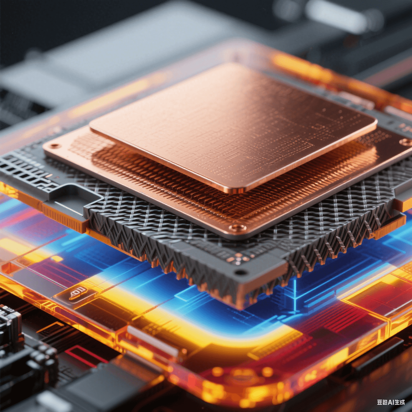 爆炸式解构视图展示材料创新,中心 ALD 超薄铜膜(<50nm)呈分子级纹理,中层 BT 树脂显玻璃纤维结构,外层 LCP 材料带透明琥珀光泽,边缘有蓝红黄红外热成像色斑 爆炸式解构视图展示材料创新,中心 ALD 超薄铜膜(<50nm)呈分子级纹理,中层 BT 树脂显玻璃纤维结构,外层 LCP 材料带透明琥珀光泽,边缘有蓝红黄红外热成像色斑