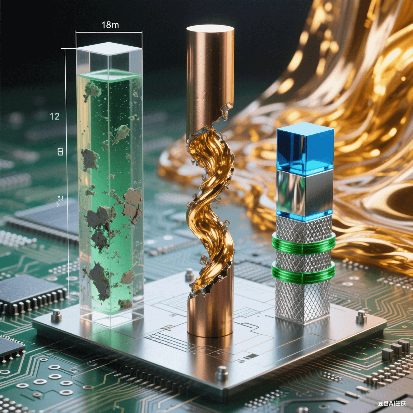 科技实验场景：电路板上三柱对比——左柱封存绿液残渣，中柱铜体断裂迸发金色流体，右柱蓝光-银网-绿环有序堆叠，背景熔金象征突破