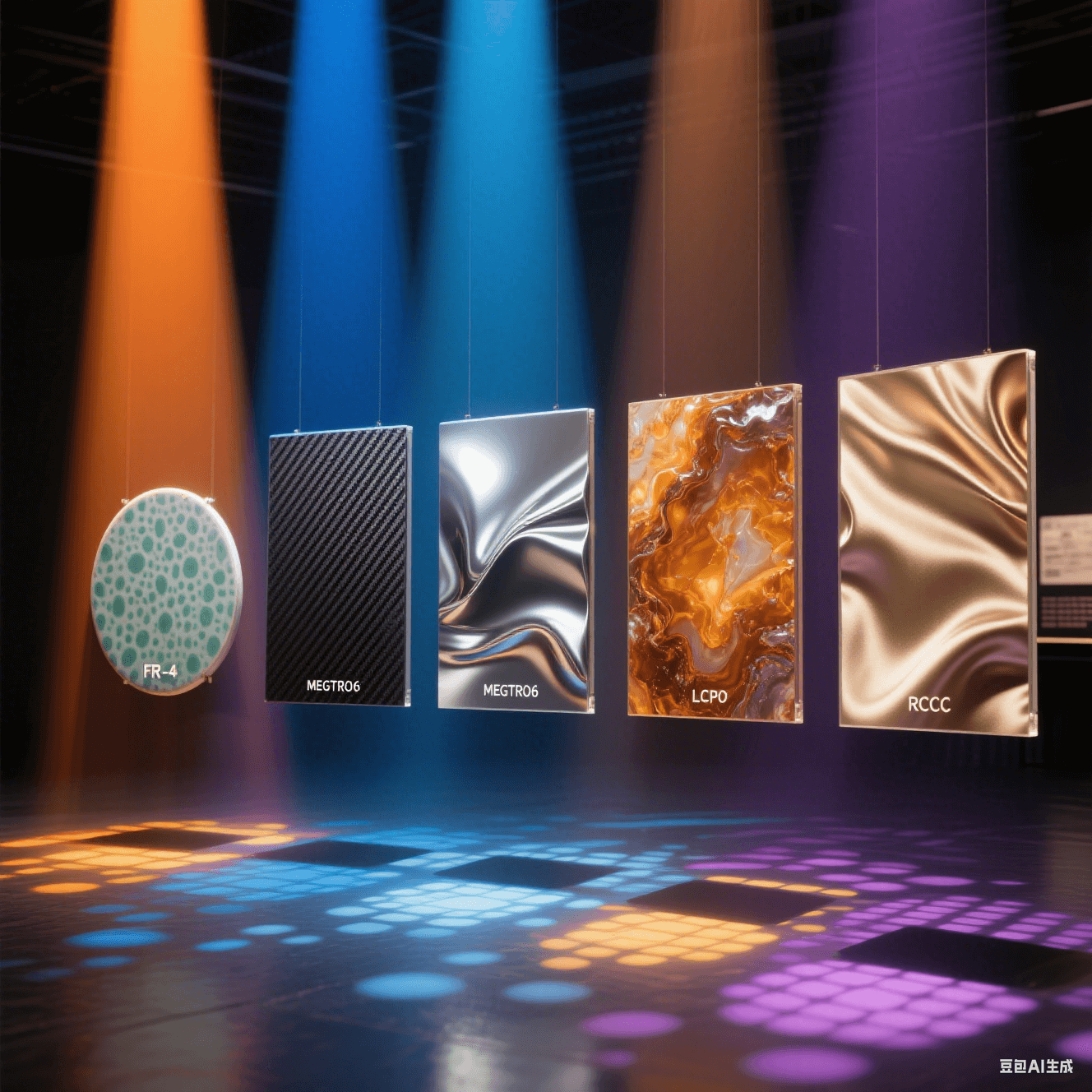 斑驳青瓷纹/碳纤纹/液态金属/琥珀玛瑙纹/丝绸褶皱肌理,被橙蓝金银紫光束穿透,地面投影各异光斑形态 斑驳青瓷纹/碳纤纹/液态金属/琥珀玛瑙纹/丝绸褶皱肌理,被橙蓝金银紫光束穿透,地面投影各异光斑形态