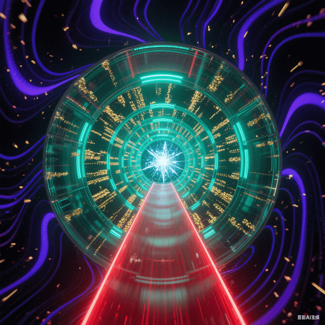 透明隧道壁嵌自旋金粒子阵列,外部紫黑波纹撞击溅射靛蓝涟漪,中央猩红光束直线疾驰,壁面折射无限延伸的荧光绿递归结构 透明隧道壁嵌自旋金粒子阵列,外部紫黑波纹撞击溅射靛蓝涟漪,中央猩红光束直线疾驰,壁面折射无限延伸的荧光绿递归结构