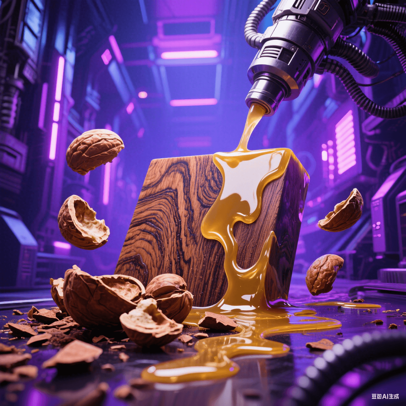 生物基树脂合成:腰果壳原料(棕褐色有机碎片)融入金色液态树脂,木纹肌理与环氧流光交融 生物基树脂合成:腰果壳原料(棕褐色有机碎片)融入金色液态树脂,木纹肌理与环氧流光交融