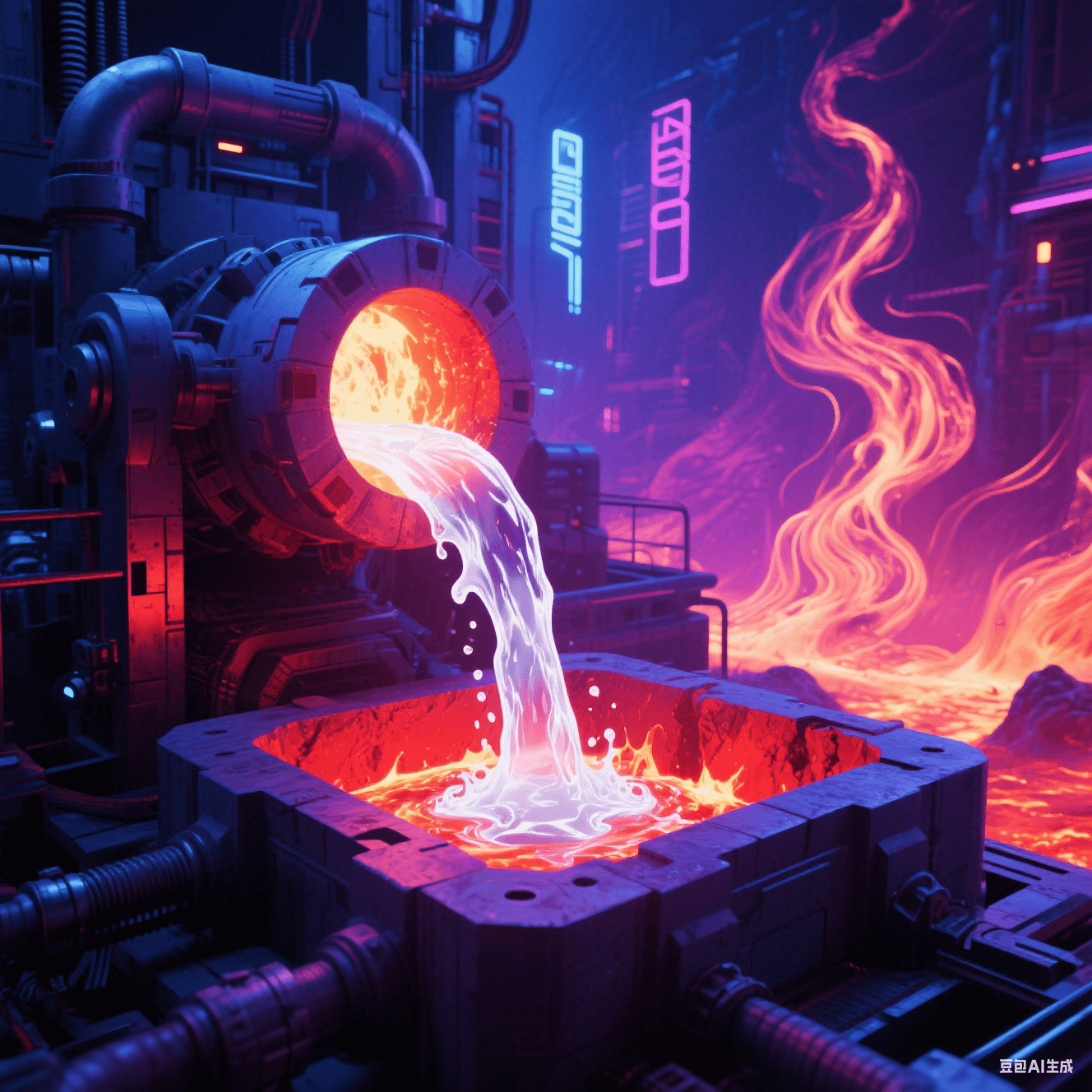 玻璃纤维熔炉:1400℃炽白岩浆状玻液流入暗红模具,背景扭曲热浪 玻璃纤维熔炉:1400℃炽白岩浆状玻液流入暗红模具,背景扭曲热浪