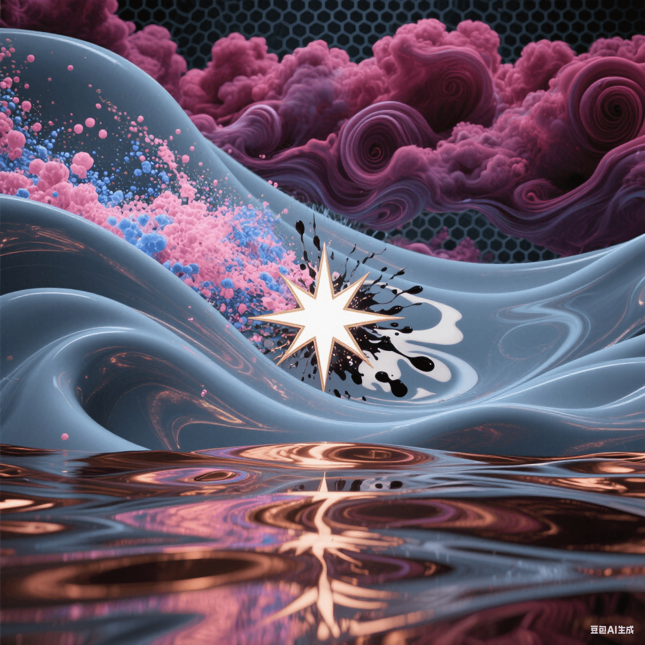 多层青灰介质边界涌出紫红涡旋云,樱色与钴蓝粒子流碰撞炸裂白金星芒,干扰波纹如墨染牛奶,底部铜箔倒影扭曲变形 多层青灰介质边界涌出紫红涡旋云,樱色与钴蓝粒子流碰撞炸裂白金星芒,干扰波纹如墨染牛奶,底部铜箔倒影扭曲变形