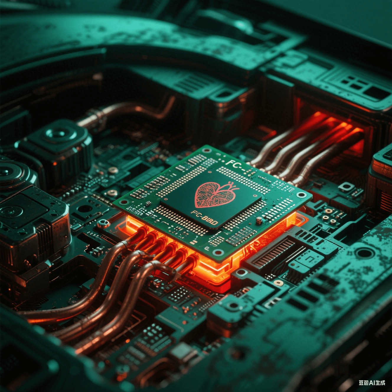 智能汽车电子舱透视视角,FC-BGA基板如心脏跳动,散热铜管泛红橙光晕 智能汽车电子舱透视视角,FC-BGA基板如心脏跳动,散热铜管泛红橙光晕