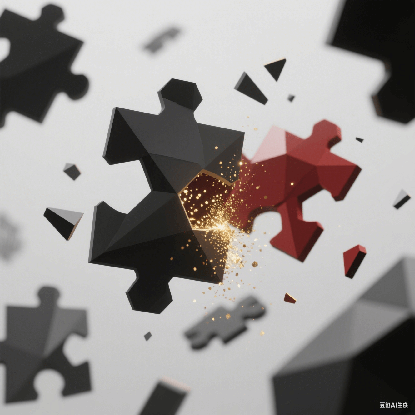 拼图碎片悬浮空中,日系灰黑拼块与中式朱红拼块碰撞,迸发金色粒子 拼图碎片悬浮空中,日系灰黑拼块与中式朱红拼块碰撞,迸发金色粒子