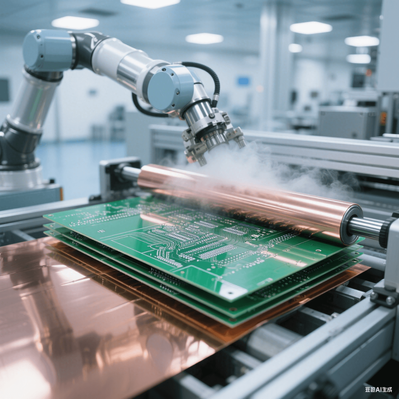 无尘车间机械臂压合电路板：翡翠绿基板与古铜色铜箔在金属辊压力下融合，虹彩反光流动于表面，蓝灰工业色调中突出镜面接触细节