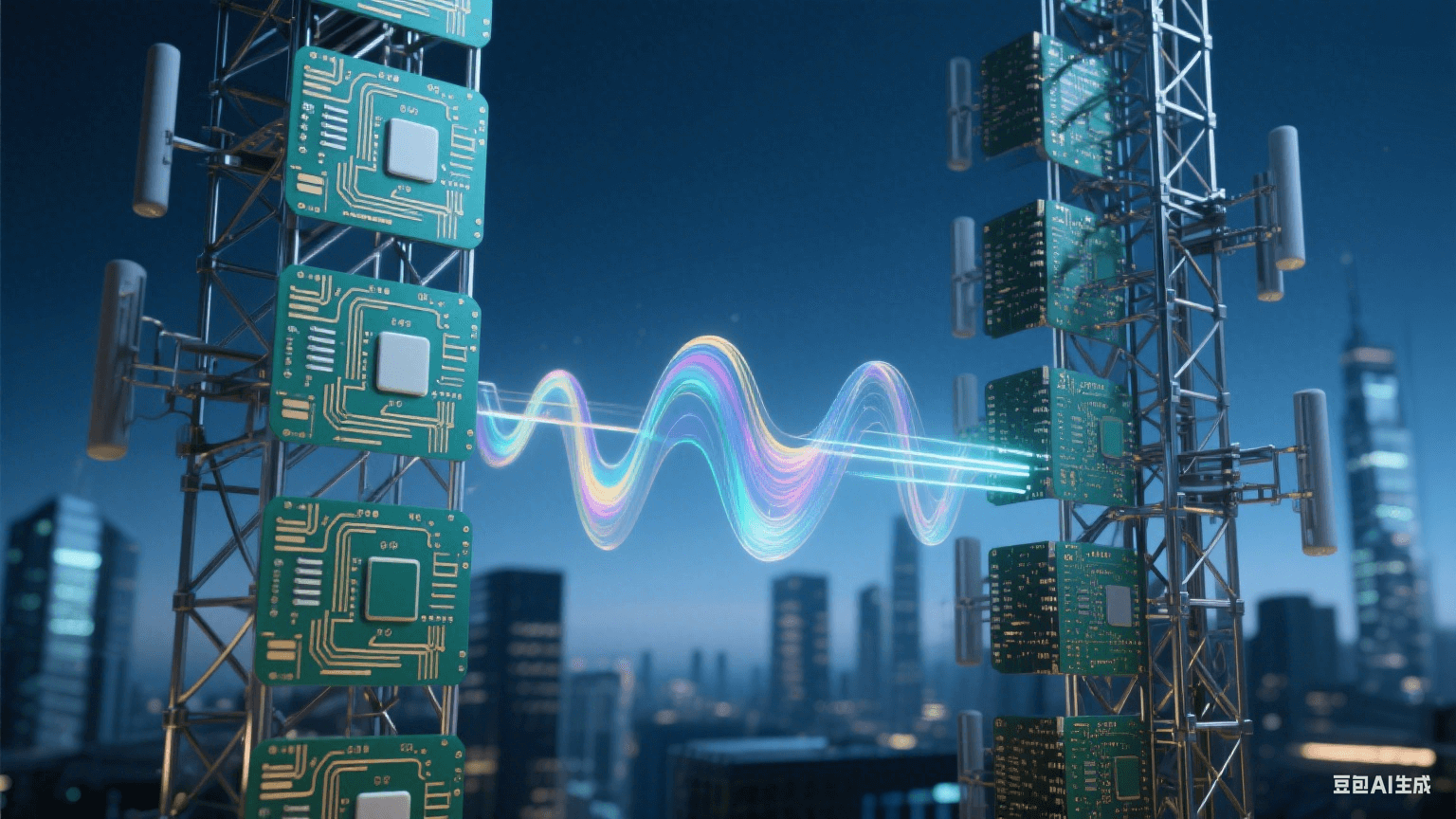 未来主义蜂窝基站,深蓝暮光中金属网格结构散发冷光,多层电路板含翡翠绿与鎏金走线,半透明高频材质折射虹彩,电磁波脉冲悬浮,搭配光纤质感与陶瓷基板纹理,背景为虚化城市轮廓 未来主义蜂窝基站,深蓝暮光中金属网格结构散发冷光,多层电路板含翡翠绿与鎏金走线,半透明高频材质折射虹彩,电磁波脉冲悬浮,搭配光纤质感与陶瓷基板纹理,背景为虚化城市轮廓