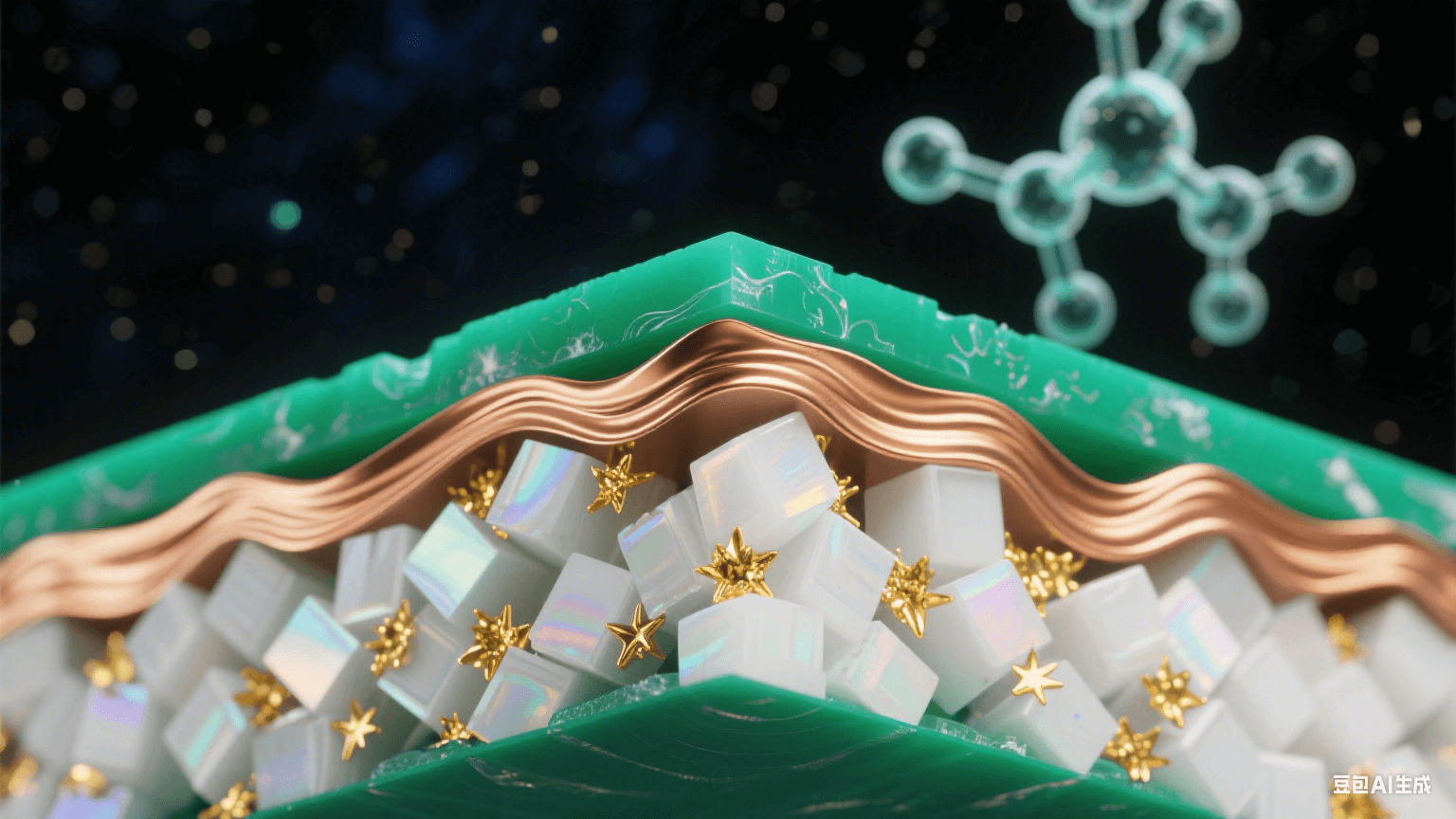 纳米级高频材料横截面显微图,陶瓷填充PTFE基材形成翡翠绿与珍珠白晶体,黄金色导电粒子如星云散布,覆铜层呈熔金流体质感,热应力波纹以虹彩涟漪呈现,背景悬浮柔光分子结构模型 纳米级高频材料横截面显微图,陶瓷填充PTFE基材形成翡翠绿与珍珠白晶体,黄金色导电粒子如星云散布,覆铜层呈熔金流体质感,热应力波纹以虹彩涟漪呈现,背景悬浮柔光分子结构模型