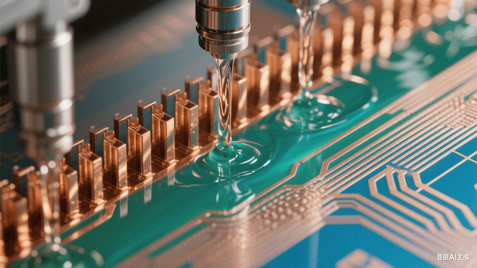 弱碱性蚀刻液流经铜箔形成蓝绿渐变流体场,微喷淋系统雕刻镜面般金属纹理(Ra≤0.1μm),显微视角展现无鼠咬缺陷的熔金质线路轮廓 弱碱性蚀刻液流经铜箔形成蓝绿渐变流体场,微喷淋系统雕刻镜面般金属纹理(Ra≤0.1μm),显微视角展现无鼠咬缺陷的熔金质线路轮廓