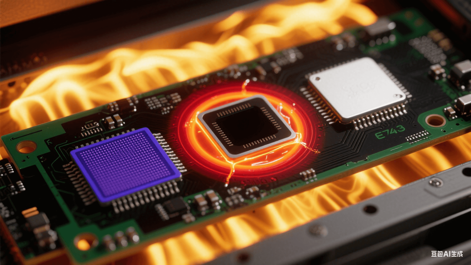 回流焊中 BGA 芯片三大缺陷热成像：左下角虚焊（深蓝低温区）、右上角桥连（白炽熔融焊料）、中心空洞（红黑环形热梯度）