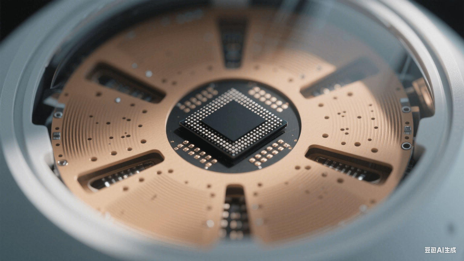 自动驾驶雷达内部结构:圆形主板中央有黑色芯片,周围是浅棕色介质波导(金属过孔点阵如网格) 自动驾驶雷达内部结构:圆形主板中央有黑色芯片,周围是浅棕色介质波导(金属过孔点阵如网格)