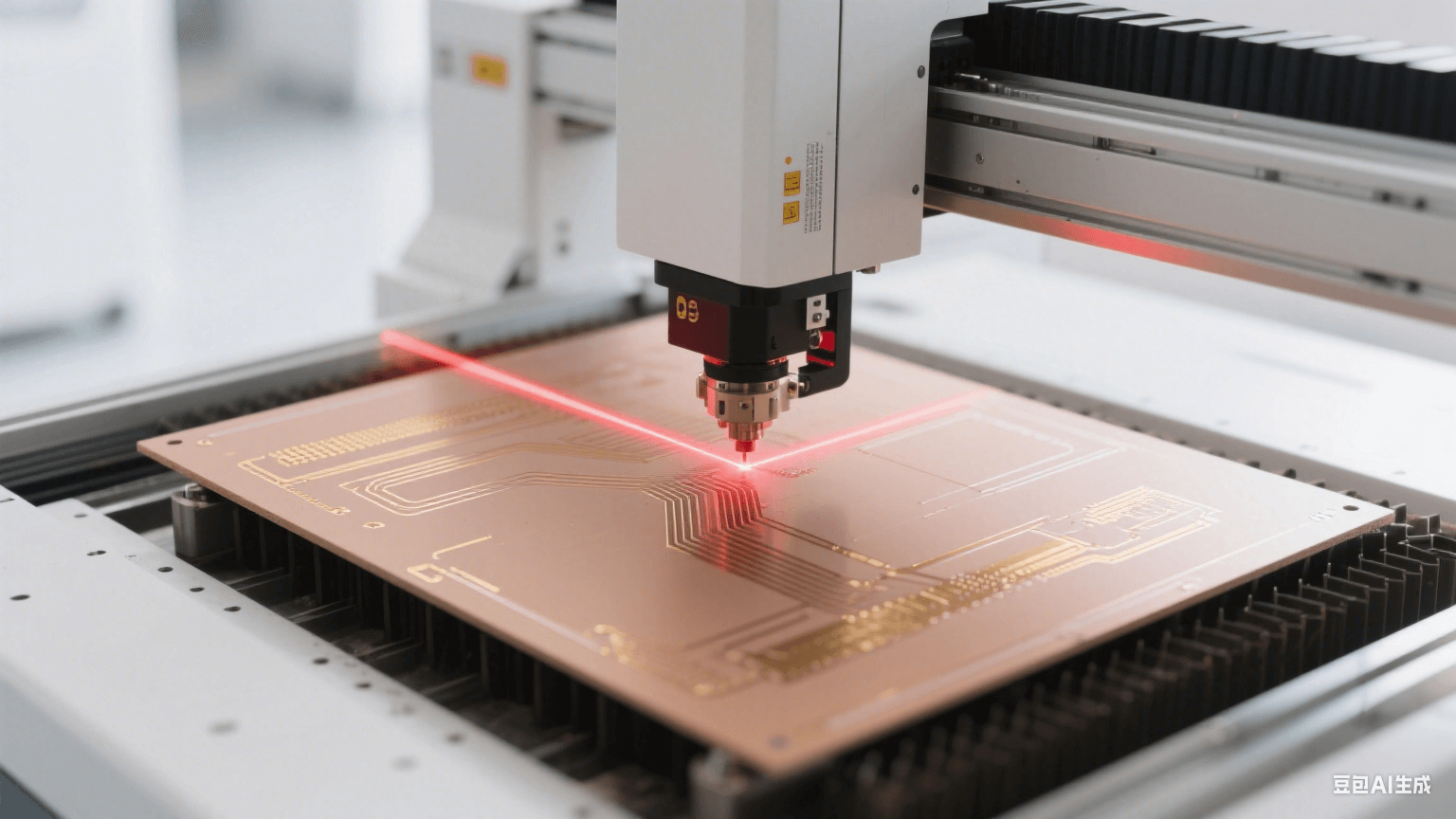 毫米波 PCB 制造场景:激光直绘设备用红色激光加工浅棕色板材,表面有亮金色铜质线路 毫米波 PCB 制造场景:激光直绘设备用红色激光加工浅棕色板材,表面有亮金色铜质线路