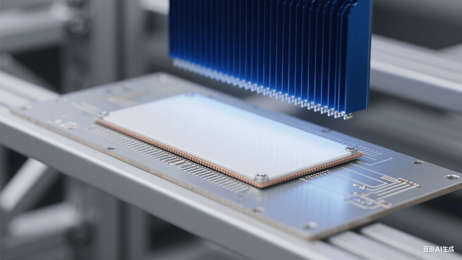 银灰色铝基板水平放置，表面覆白色陶瓷层，边缘露出 0.5mm 铜箔线路；上方 3cm 悬深蓝色散热片，间有银色导热膏，顶部冷蓝光形成锐利边缘阴影