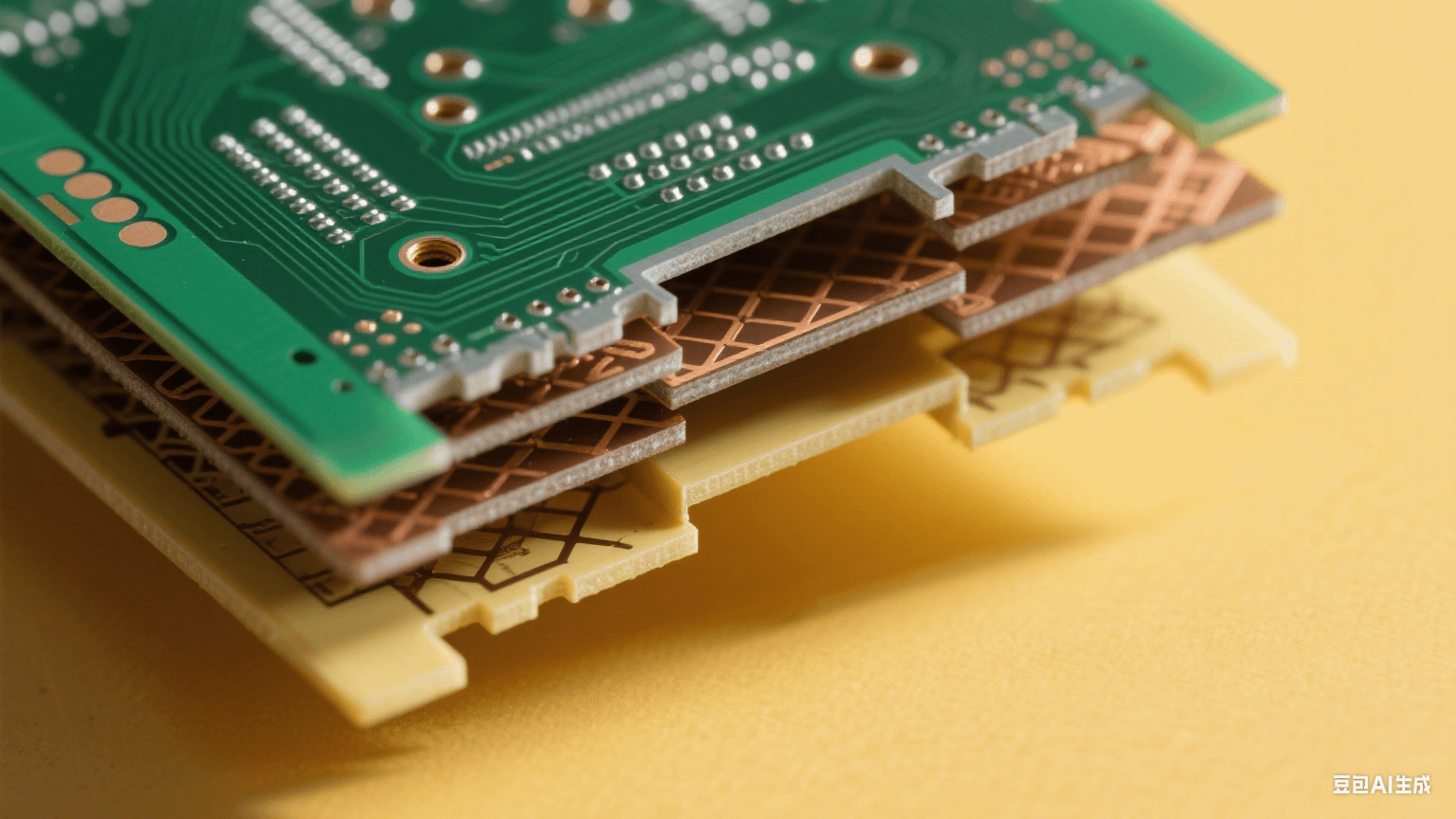45° 倾斜多层 PCB，顶层深绿基板有 0.1mm 微孔（银灰色金属孔壁），中间层棕色半固化片埋孔与交错铜箔网格，底层浅黄 FR-4 形成色彩对比，左侧暖黄侧光在层间投细长阴影