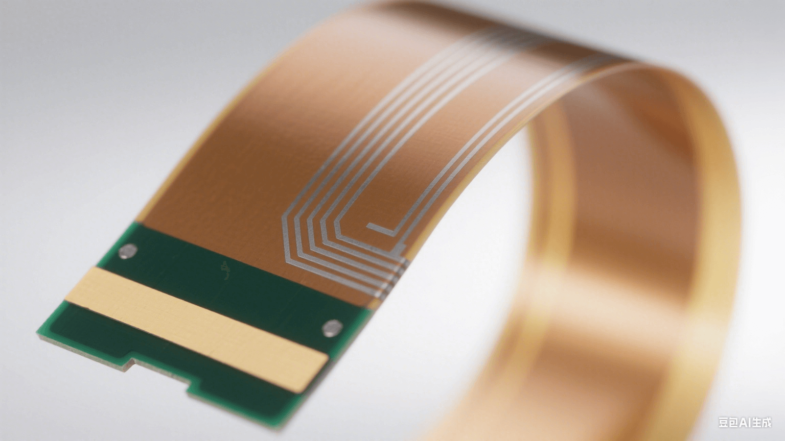 120° 弯曲的浅棕色 PI 薄膜表面有银灰色铜箔线路（弯曲处连续），刚性部分为深绿色 FR-4，连接处有浅黄补强板