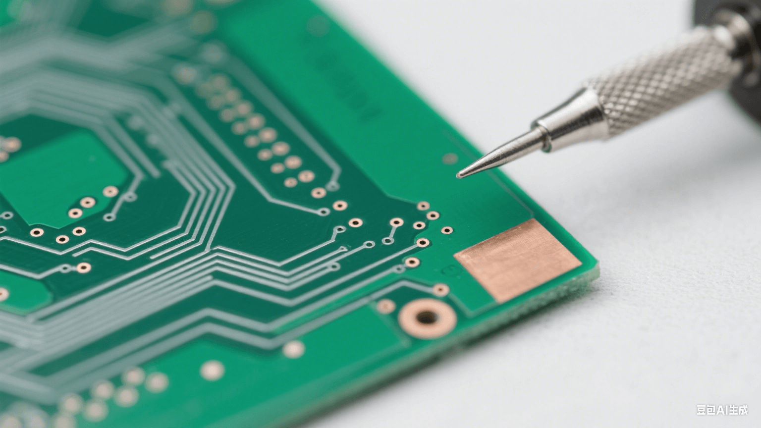 绿色 FR-4 基板上有银灰色细密铜线路（边缘光滑）与 0.05mm 微孔，一角露出罗杰斯 RO4000 浅棕色层压结构，冷白光下铜箔反光，背景为虚化浅灰工作台，磨砂金属探针局部接触基板