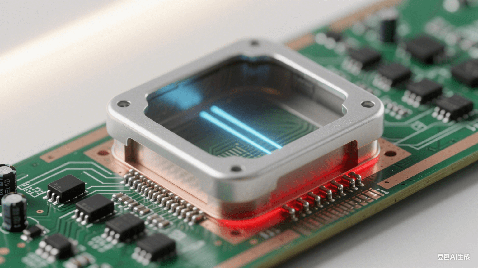 EMC 屏蔽与抗干扰:毫米波雷达板局部,银灰色屏蔽罩封闭高频区(底部与接地铜箔缝隙<0.1mm),罩外深绿基板上有黑色高频电容 / 磁珠阵列,银灰线路与高频线路被浅棕隔离带分隔 EMC 屏蔽与抗干扰:毫米波雷达板局部,银灰色屏蔽罩封闭高频区(底部与接地铜箔缝隙<0.1mm),罩外深绿基板上有黑色高频电容 / 磁珠阵列,银灰线路与高频线路被浅棕隔离带分隔