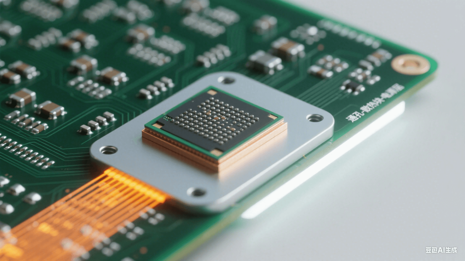 散热设计细节:雷达板芯片区域特写,深绿基板上有银灰色散热通孔阵列(孔内填金属),芯片下浅灰散热块与银白铜质电源层相连,橙黄色热流光效从芯片沿路径扩散,冷白光右侧照射形成高光 散热设计细节:雷达板芯片区域特写,深绿基板上有银灰色散热通孔阵列(孔内填金属),芯片下浅灰散热块与银白铜质电源层相连,橙黄色热流光效从芯片沿路径扩散,冷白光右侧照射形成高光