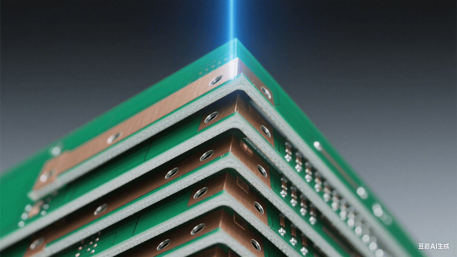 多层 HDI 结构剖面:45° 角展示 8 层堆叠,深绿基板与银白铜箔交替,层间棕色半固化片填充埋孔 / 盲孔,0.05mm 激光微孔孔壁镀银均匀,冷蓝光垂直照射凸显层间精密对准(偏差<5μm) 多层 HDI 结构剖面:45° 角展示 8 层堆叠,深绿基板与银白铜箔交替,层间棕色半固化片填充埋孔 / 盲孔,0.05mm 激光微孔孔壁镀银均匀,冷蓝光垂直照射凸显层间精密对准(偏差<5μm)