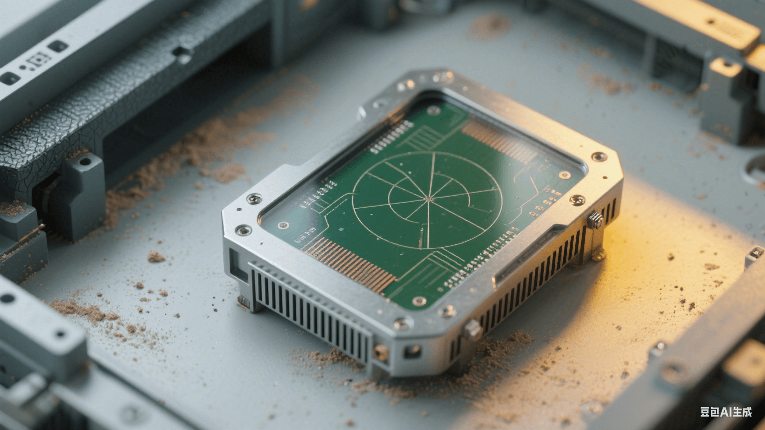 工业毫米波雷达板环境:深绿色雷达板倾斜嵌入浅灰设备,表面覆透明三防漆,银灰色屏蔽罩带接地弹片,周围有细微粉尘颗粒,深灰金属支架带振动纹理 工业毫米波雷达板环境:深绿色雷达板倾斜嵌入浅灰设备,表面覆透明三防漆,银灰色屏蔽罩带接地弹片,周围有细微粉尘颗粒,深灰金属支架带振动纹理