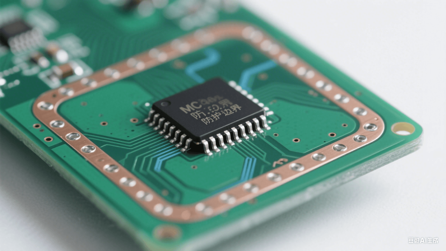 设计阶段静电防护：深绿色 PCB 边缘有裸铜防护环与接地过孔，中央芯片引脚与铜皮间距大，短直银线接地面泛淡蓝光，冷白光照射显精密