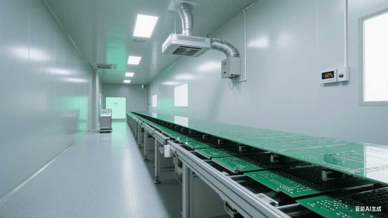高湿度防静电：深绿色 PCB 在流水线，顶部银色除湿装置吹气，浅灰防静电地板，远处静电场计泛绿光，冷灰侧光显干燥洁净