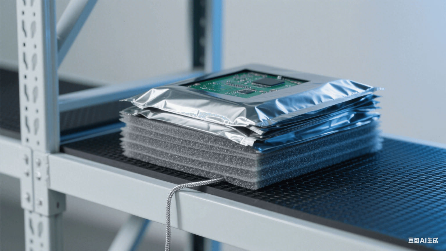 仓储防静电包装：浅灰货架铺黑色橡胶垫（连银色接地线），镀铝屏蔽袋包裹 PCB，层间夹灰色珍珠棉，冷蓝光凸显屏蔽防护