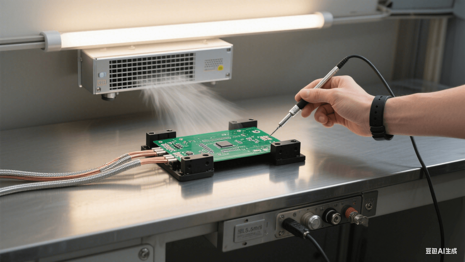 测试环节防护：银灰色测试台固定 PCB，黑色夹具连多股铜缆接地，上方离子风机吹气，人员戴防静电手环持探针