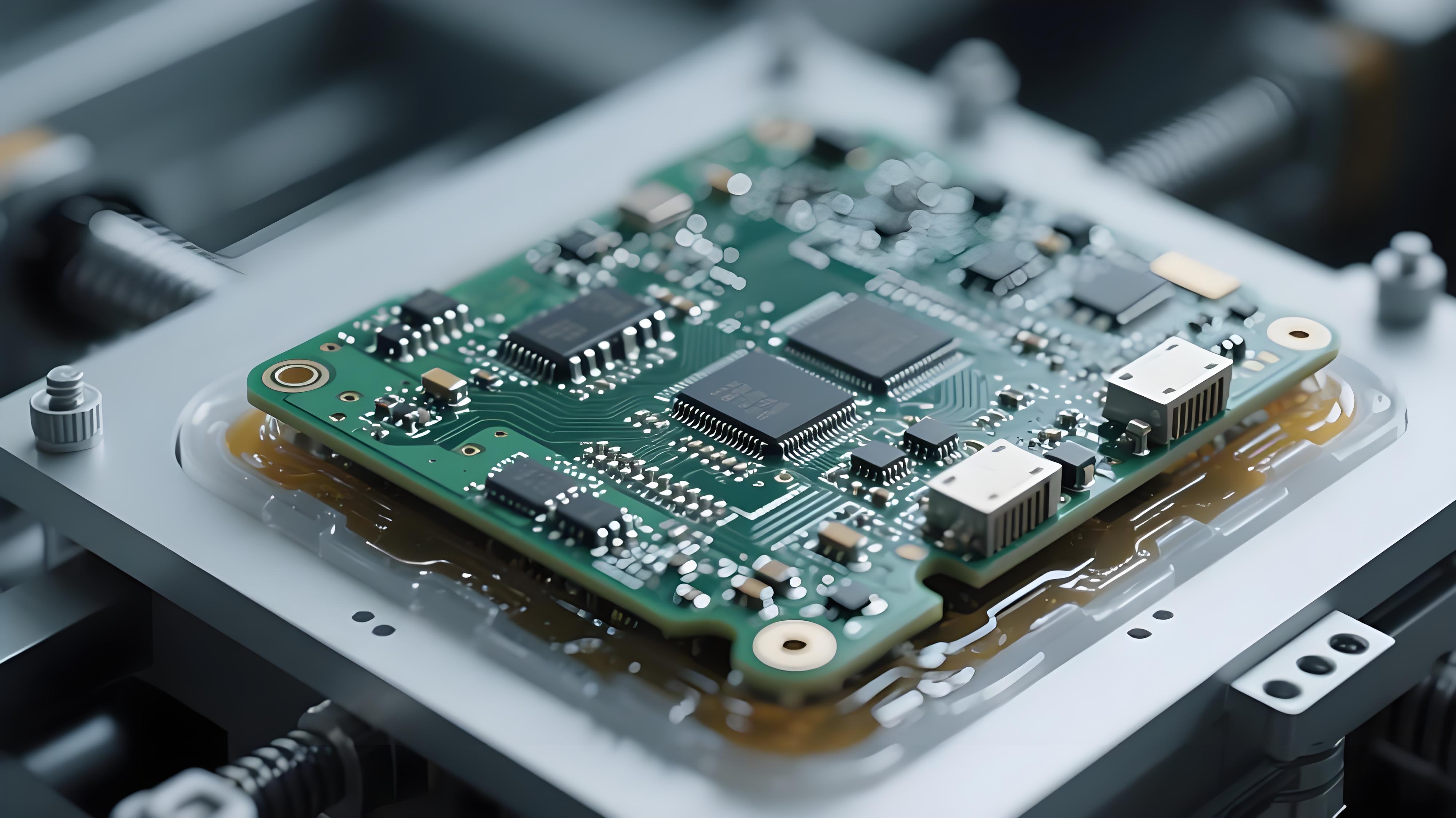 车载电子电路板抗振工艺细节展示，突出焊点结构与填充胶技术