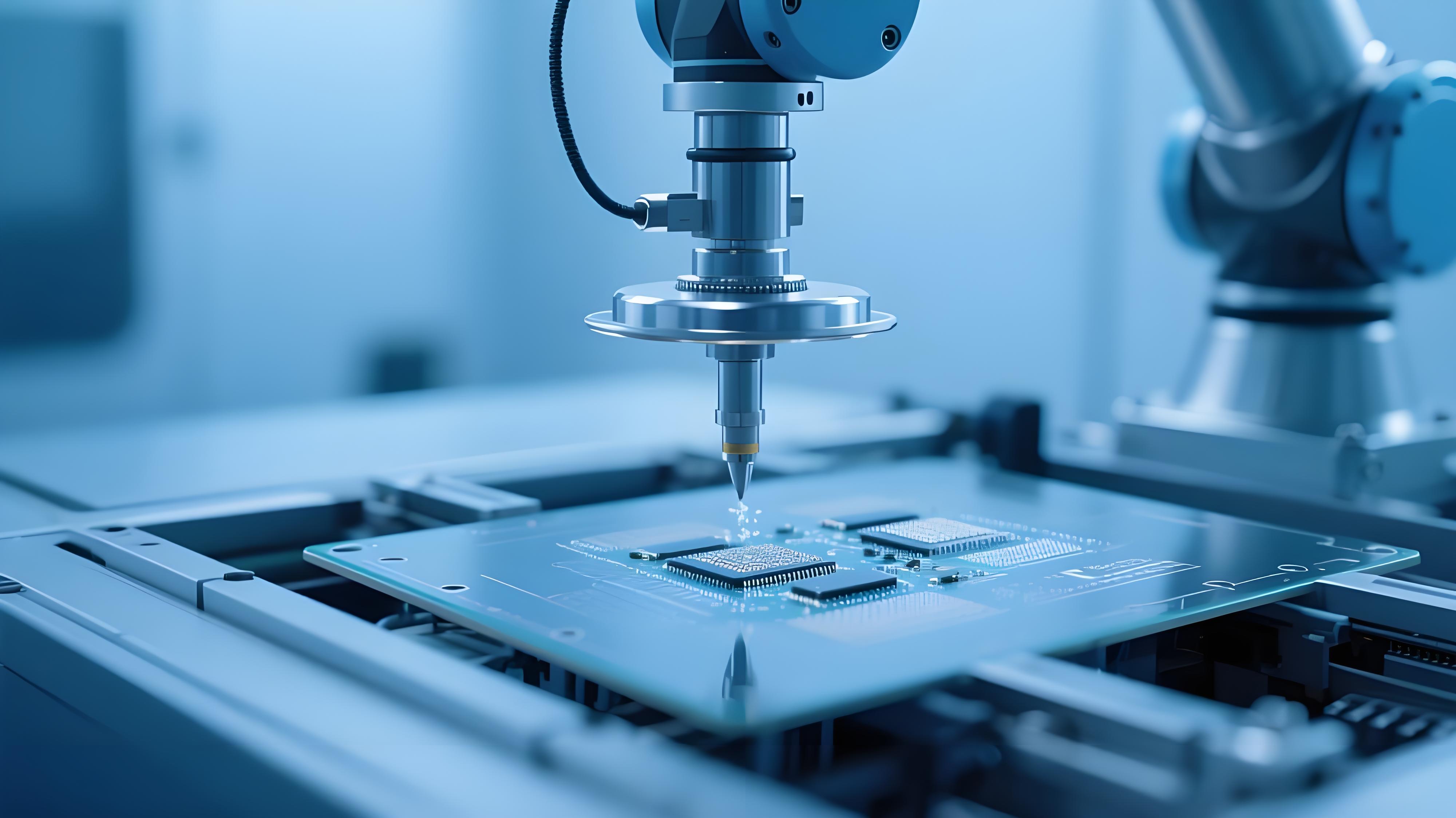 超精密SMT贴装系统在洁净室中操作微型元件，展现高科技制造场景