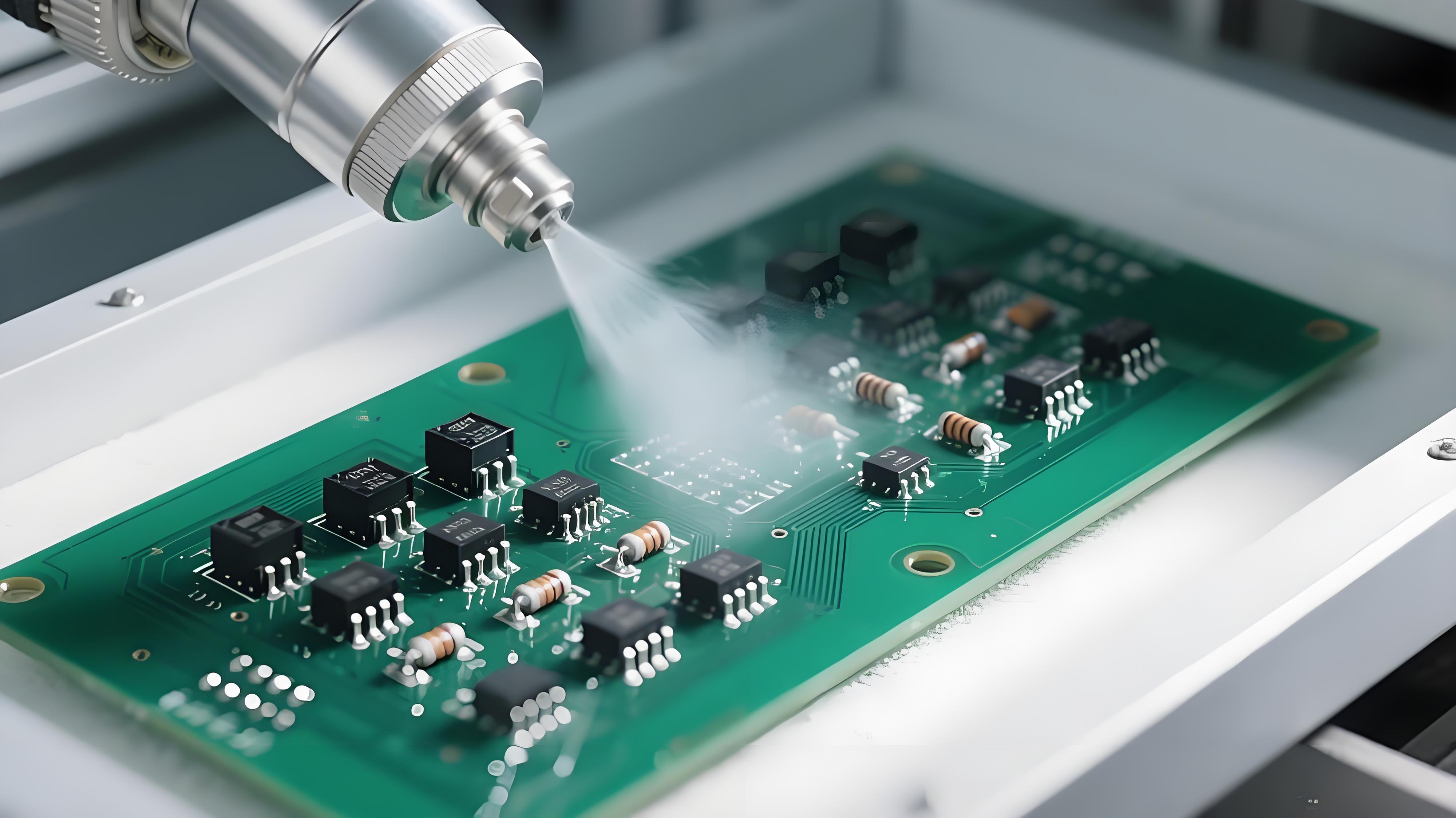 THT元件三防涂覆过程中喷嘴喷涂防护涂层的特写