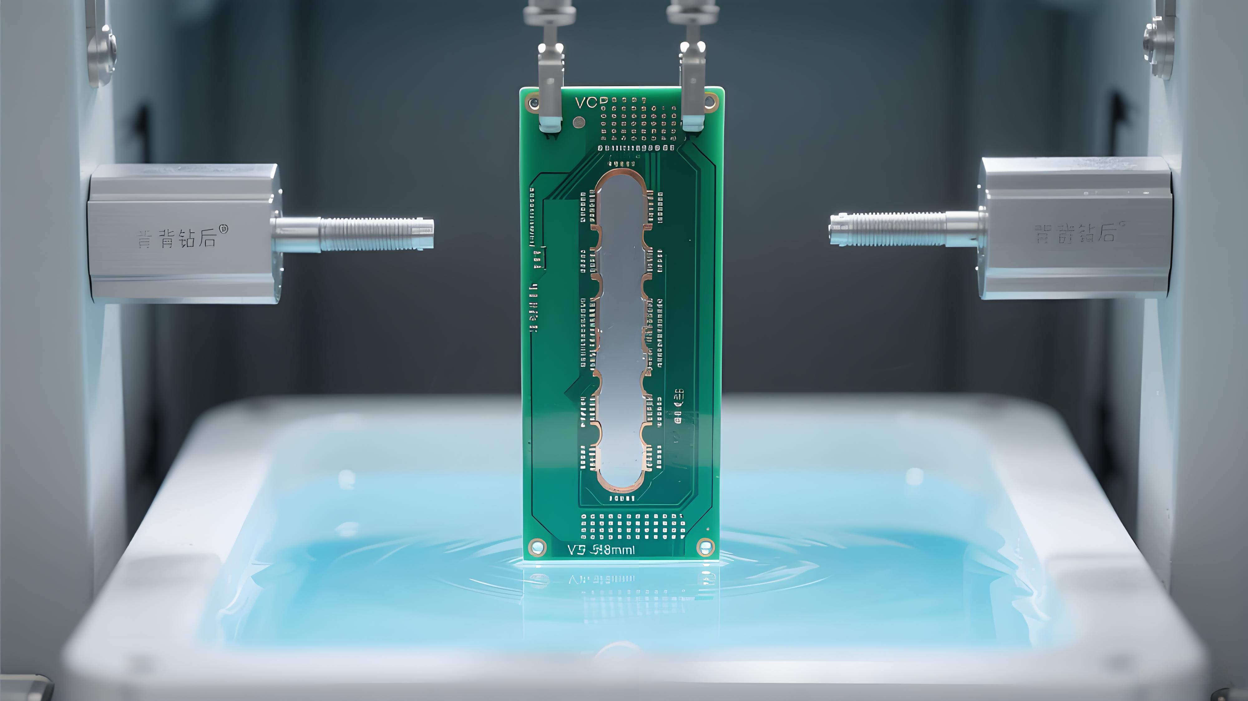PCB背钻后VCP垂直电镀 淡蓝色电镀液与背钻孔银灰色铜层 孔铜厚度控制场景