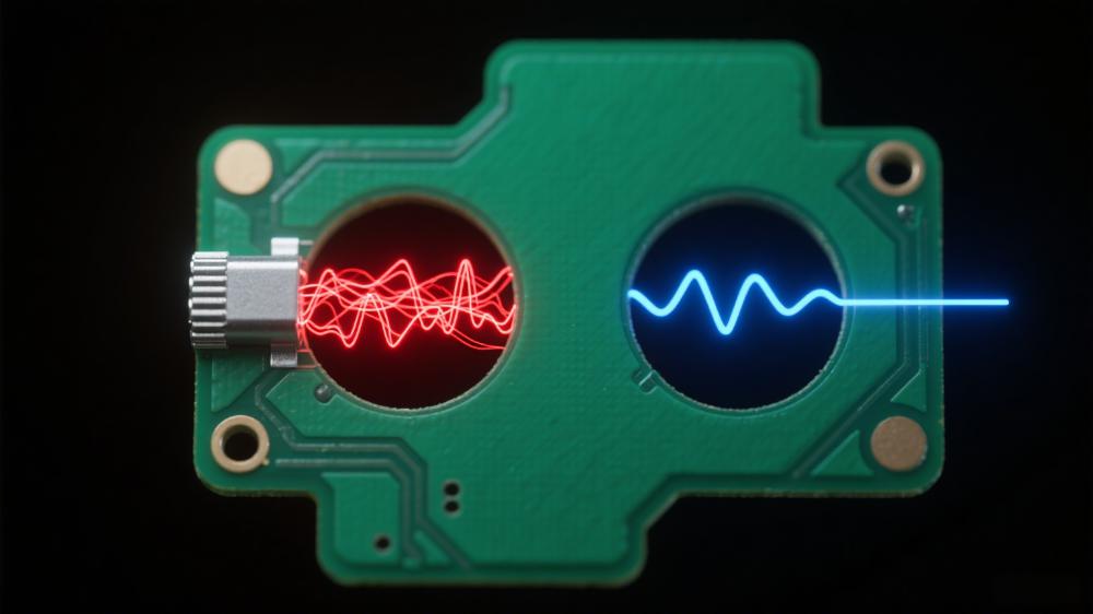 PCB通孔Stub谐振影响可视化 红色反射信号与蓝色顺畅信号对比