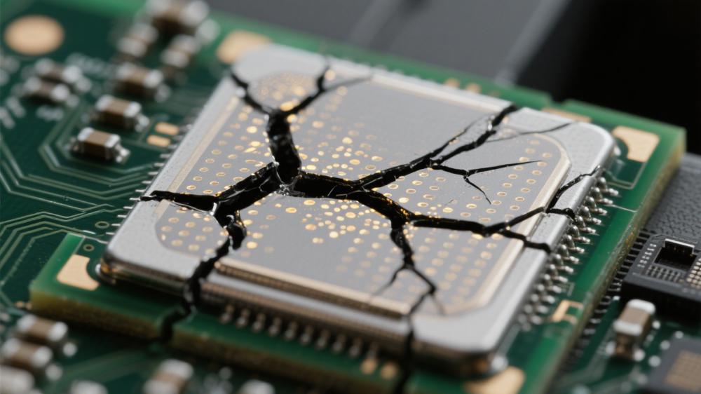 无铅焊料热疲劳裂纹扩展微观路径 黑色裂纹贯穿银灰色焊料基体 深绿色 PCB 焊点可靠性测试