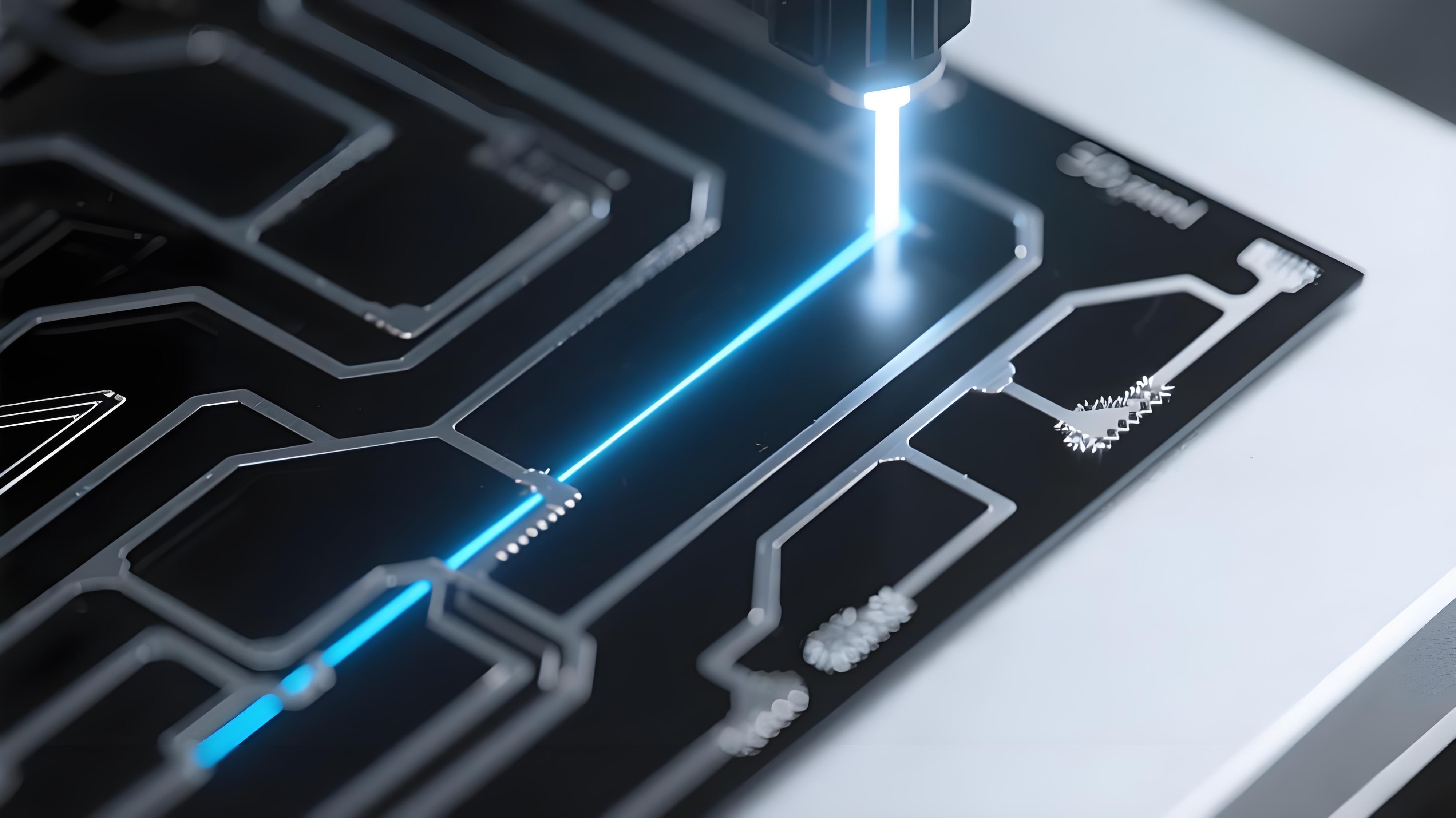 3D-MID 激光活化金属化过程 淡蓝色激光束 深绿色塑料基材 银色金属化轨迹 回流焊前预处理