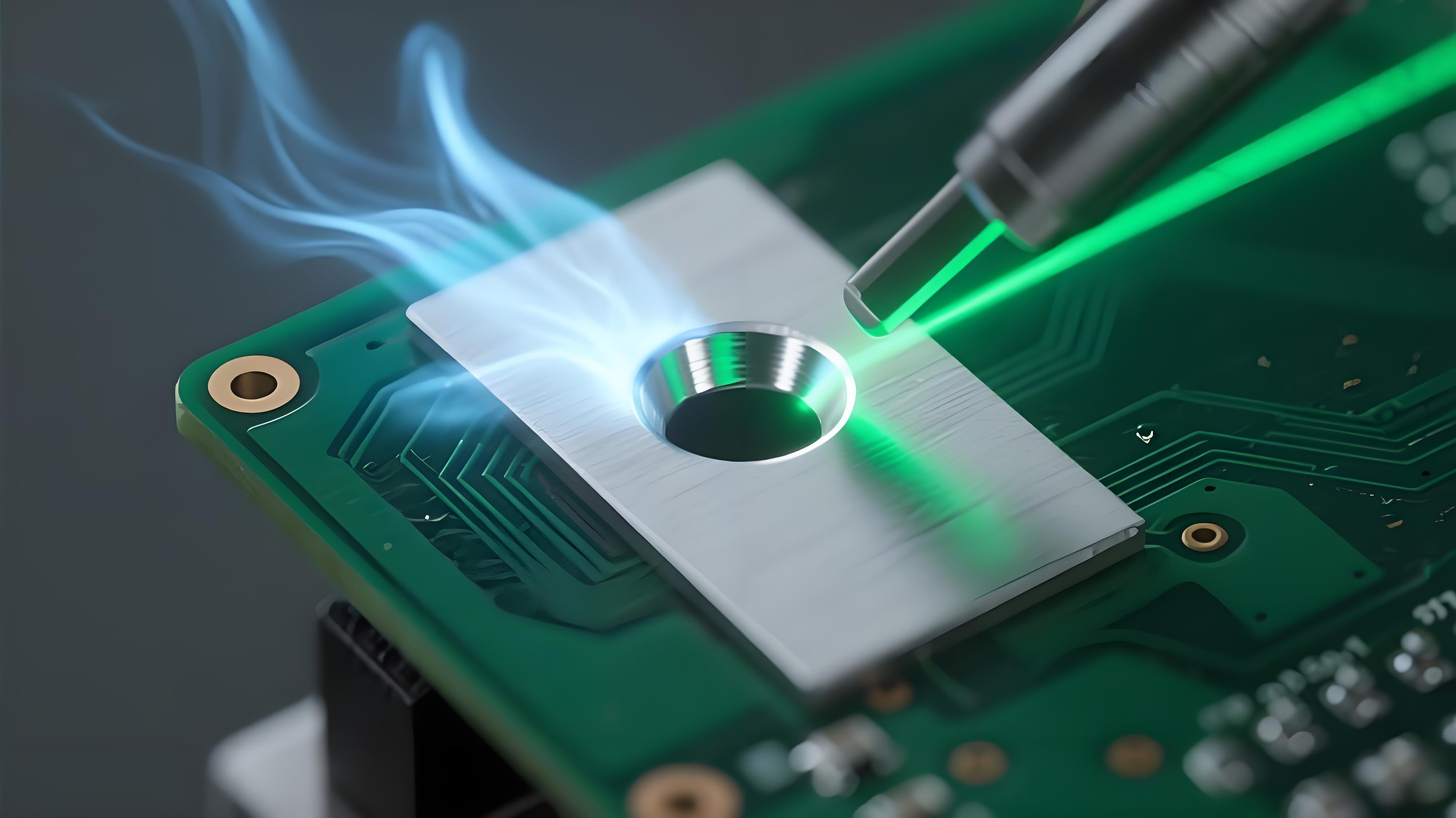 激光焊锡匙孔动态形成过程 红色激光束聚焦 银色液态焊料匙孔 深绿色 PCB 焊盘热效应