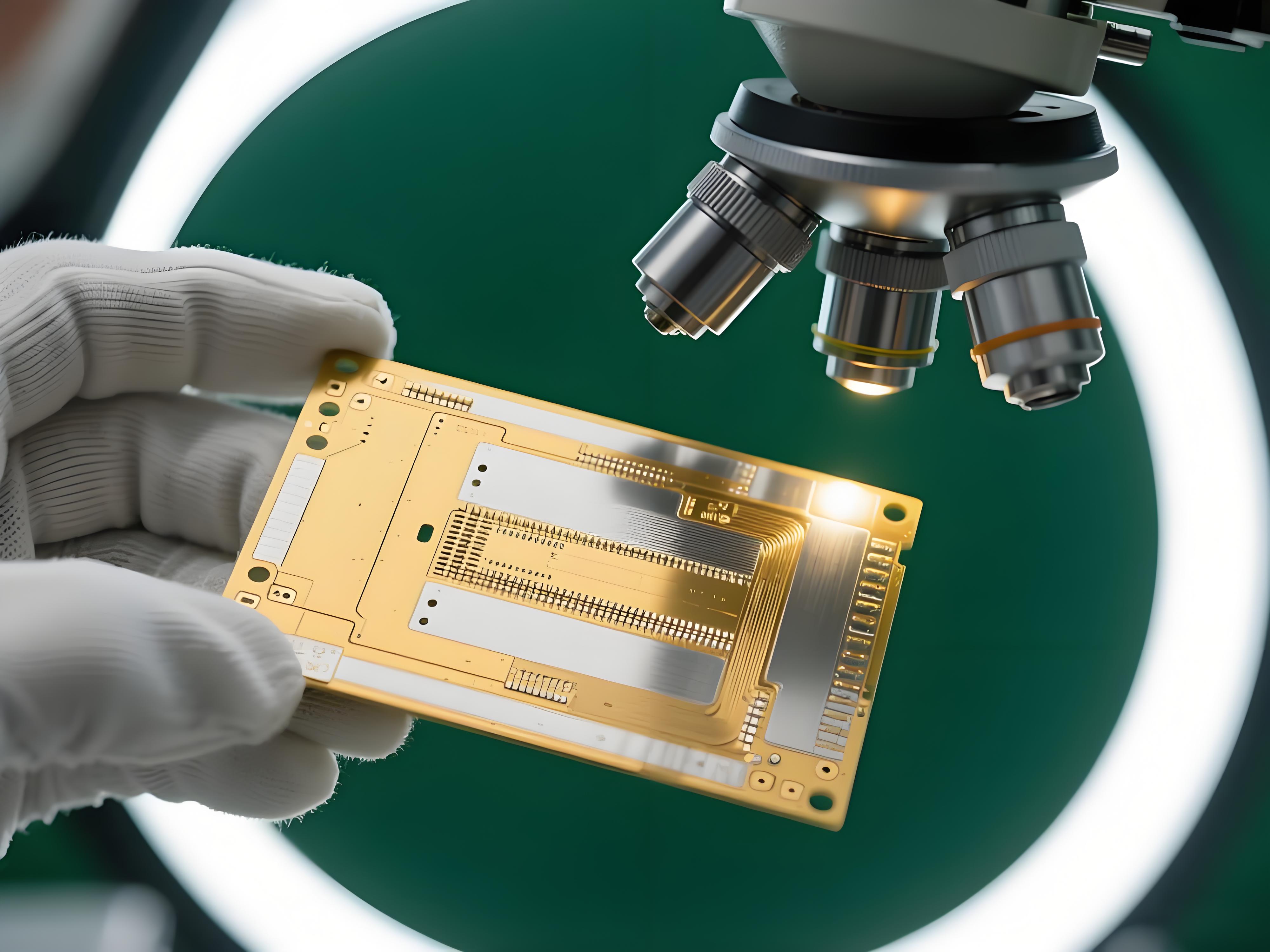 ENIG化金板质量控制检查场景，展示显微镜下的金属镀层细节