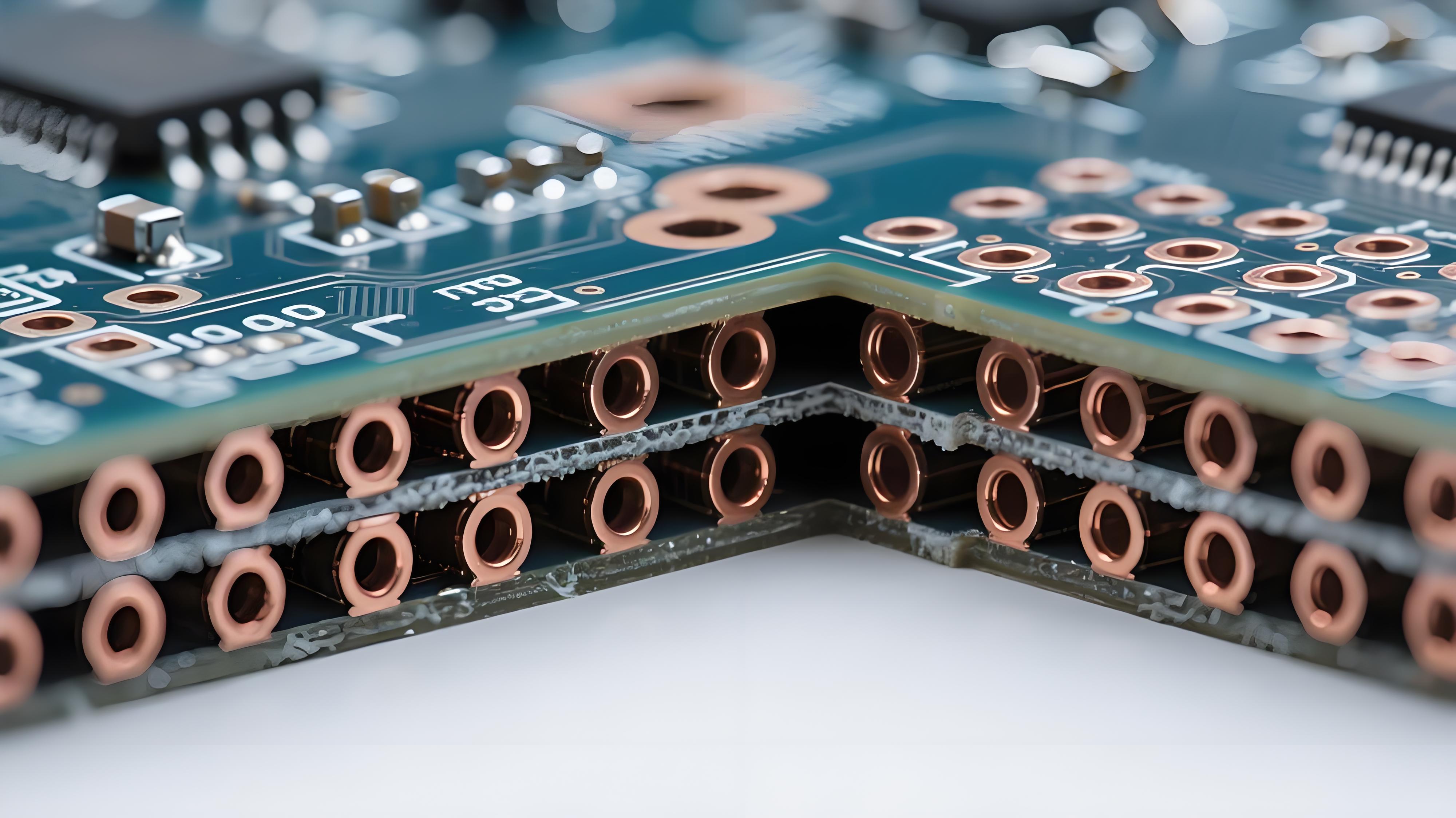 PCB散热通孔阵列显微切片横截面,展示内部铜填充结构 PCB散热通孔阵列显微切片横截面,展示内部铜填充结构