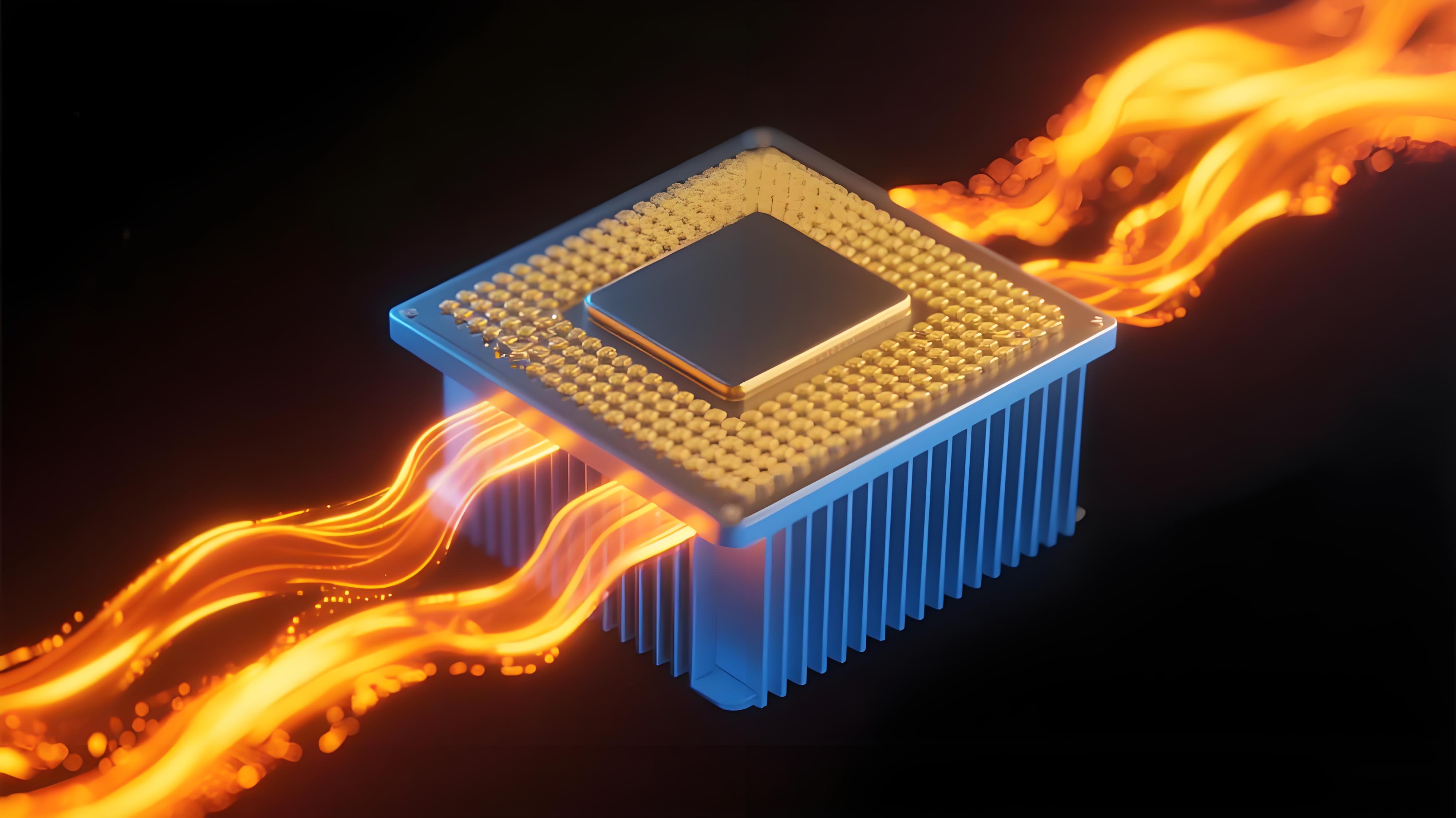 抽象概念图:热量通过通孔阵列从芯片传导至散热器的过程 抽象概念图:热量通过通孔阵列从芯片传导至散热器的过程