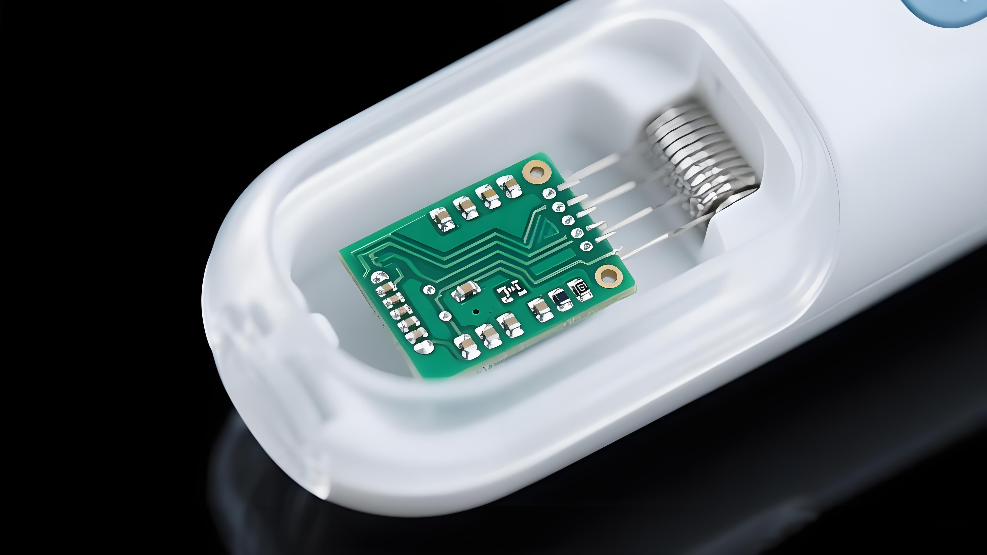 医疗超声探头内部微型沉银PCB板特写，展示其在医疗设备中的精密应用