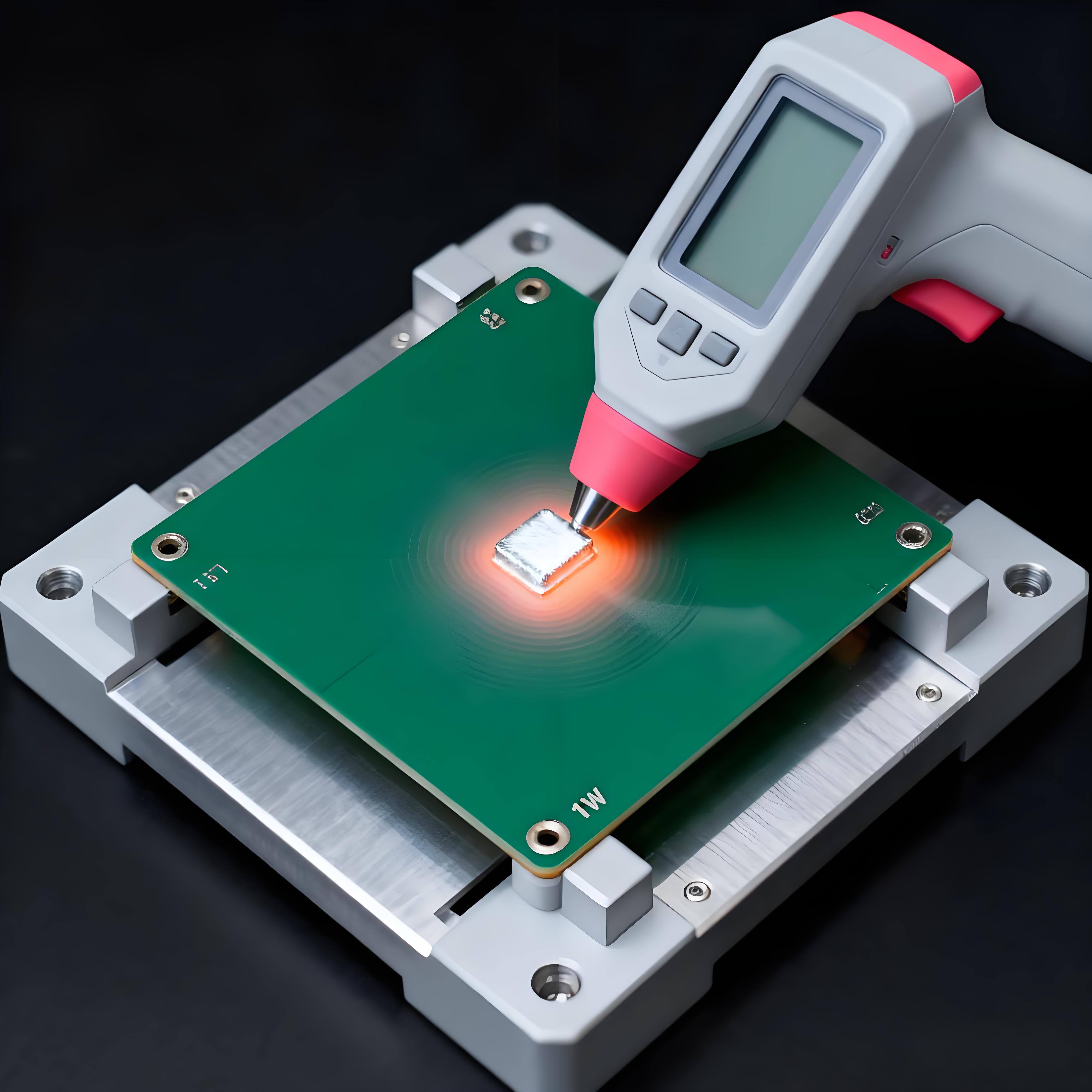 铝基板热阻测试微观场景，红外探头监测焊点热量扩散与温度梯度