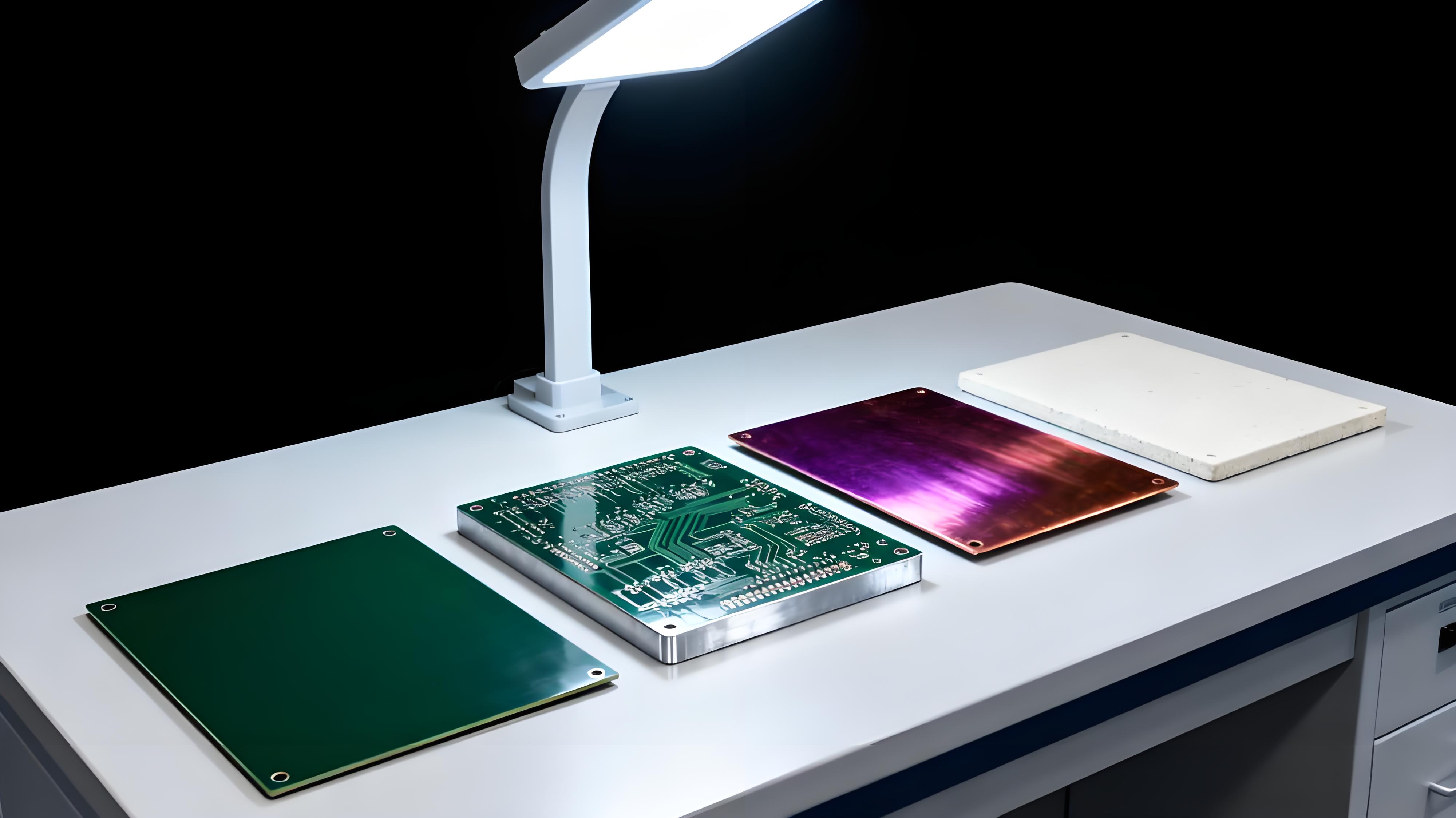 铝基板与FR4基板、铜基板、陶瓷基板外观对比展示，凸显材质与结构差异